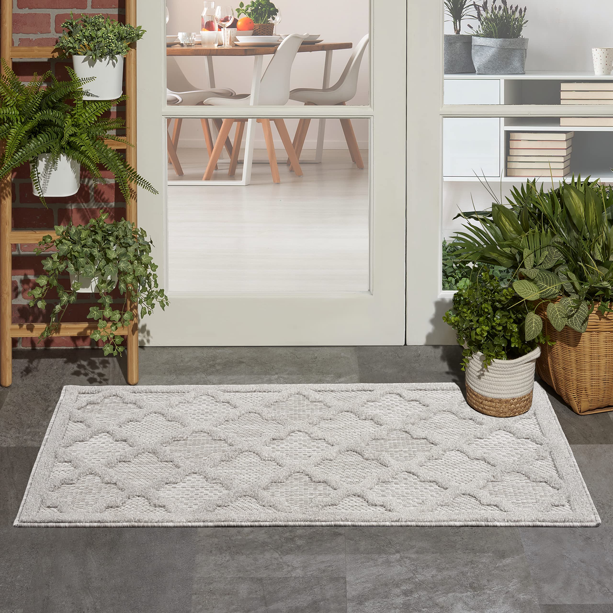 Nourison Easy Care Moroccan Silver Grey 2' X 4' Area Rug, Trellis, Easy Cleaning, Non Shedding, Bed Room, Living Room, Dining Ro
