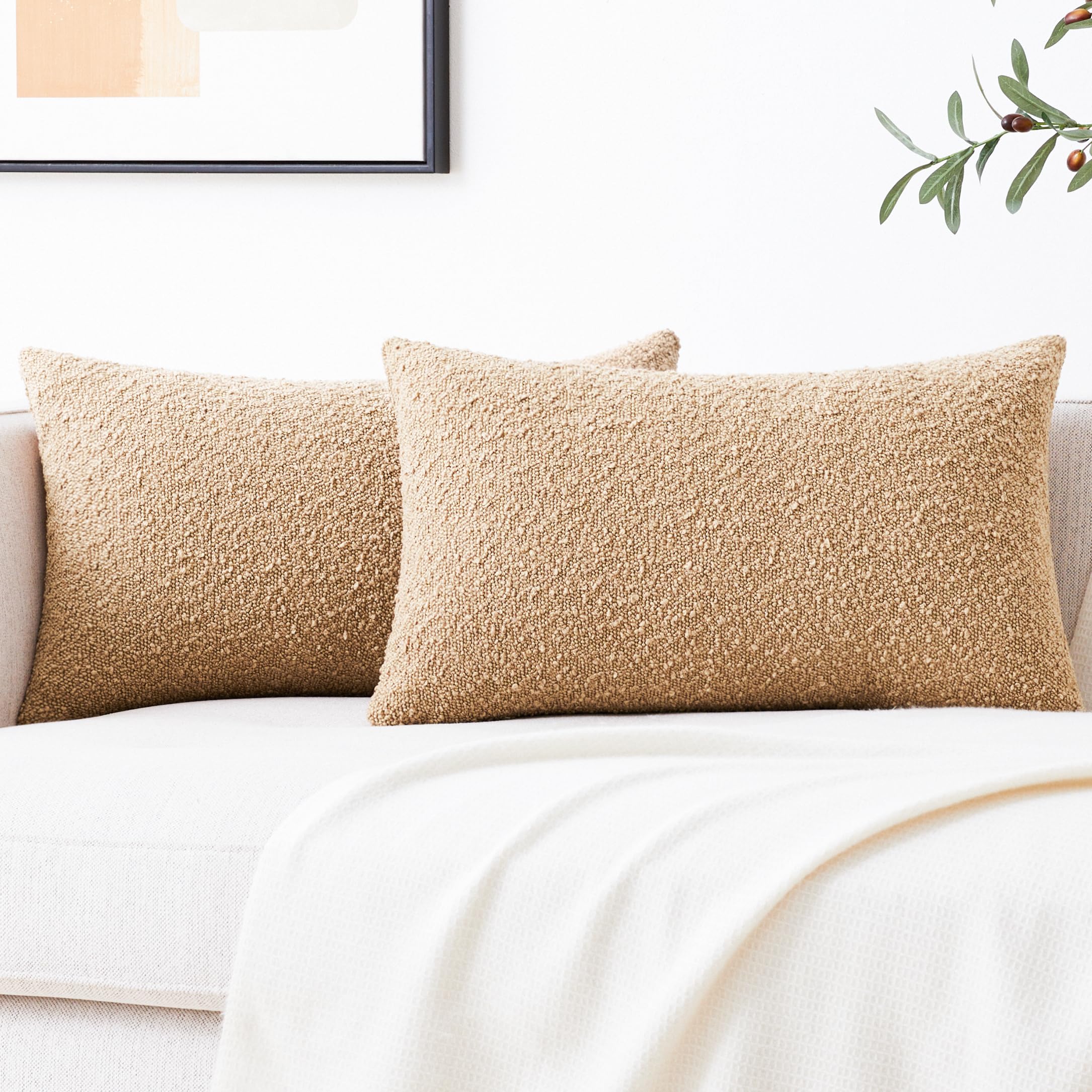 Mixhug Decorative Boucle Throw Pillow Covers, Camel, 12 X 20 Inches, Pack Of 2 - Textured Boho Pillow Covers For Couch And Bed