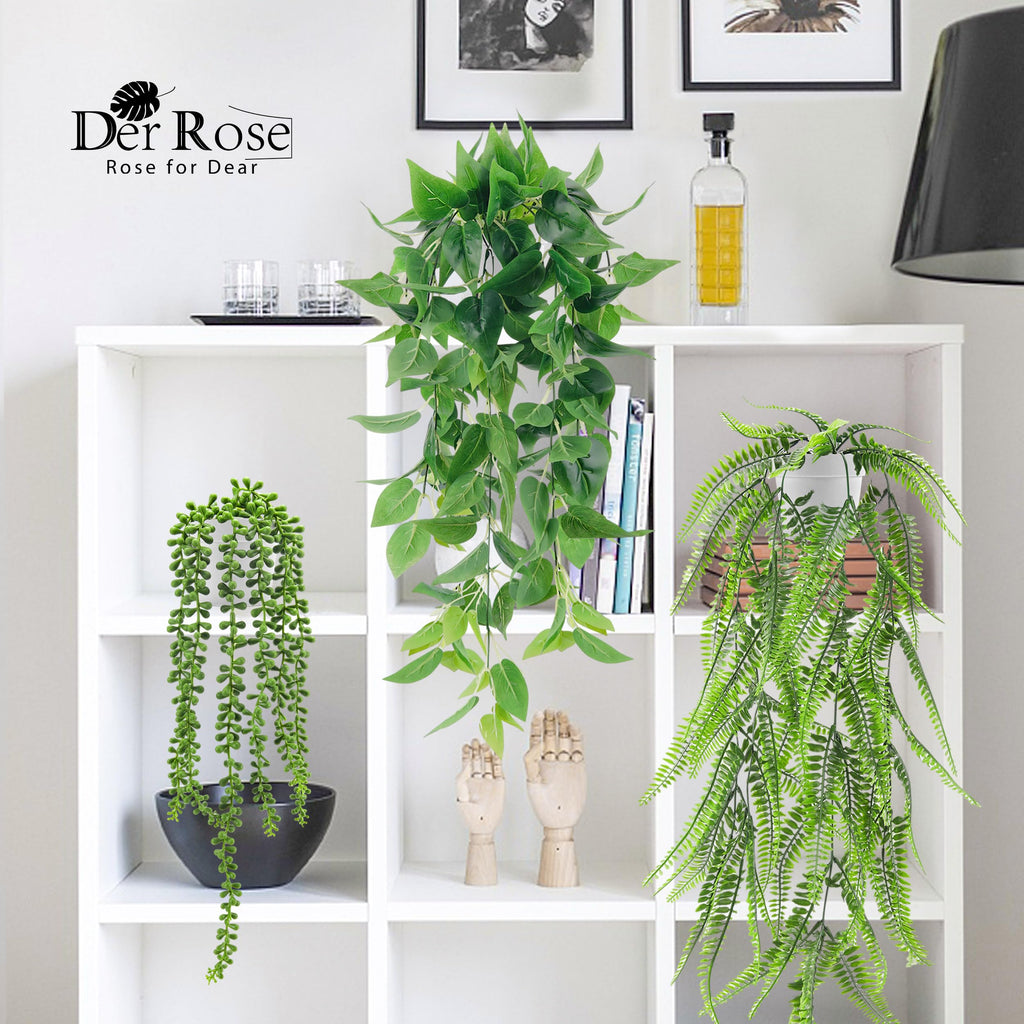 Der Rose 4 Pack Fake Plants Hanging With Pots Artificial Ivy Vine Faux Eucalyptus Hanging Plants, Boston Fern, String Of Pearls