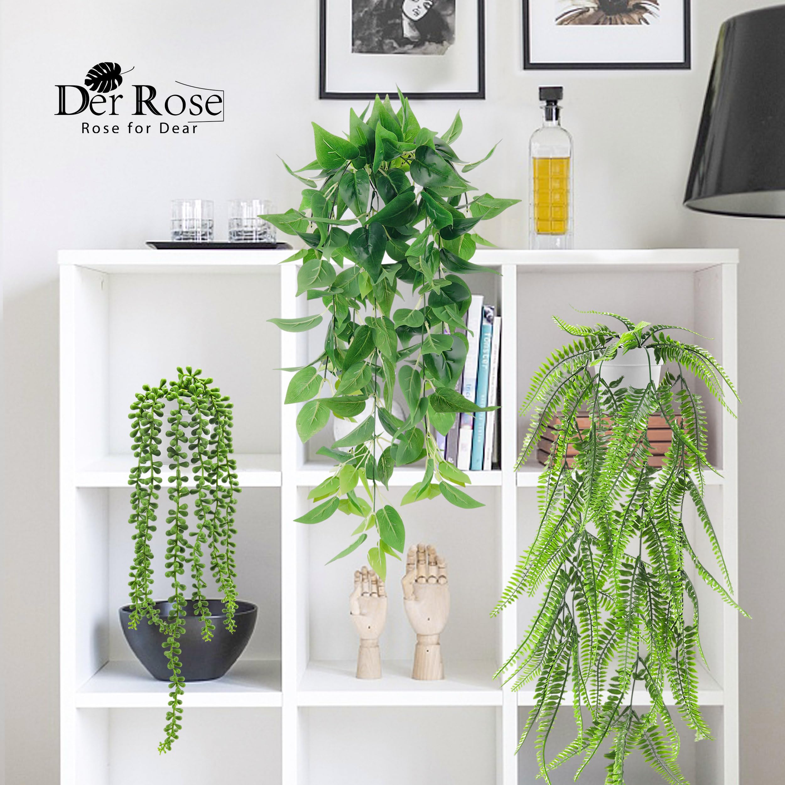 Der Rose 4 Pack Fake Plants Hanging With Pots Artificial Ivy Vine Faux Eucalyptus Hanging Plants, Boston Fern, String Of Pearls