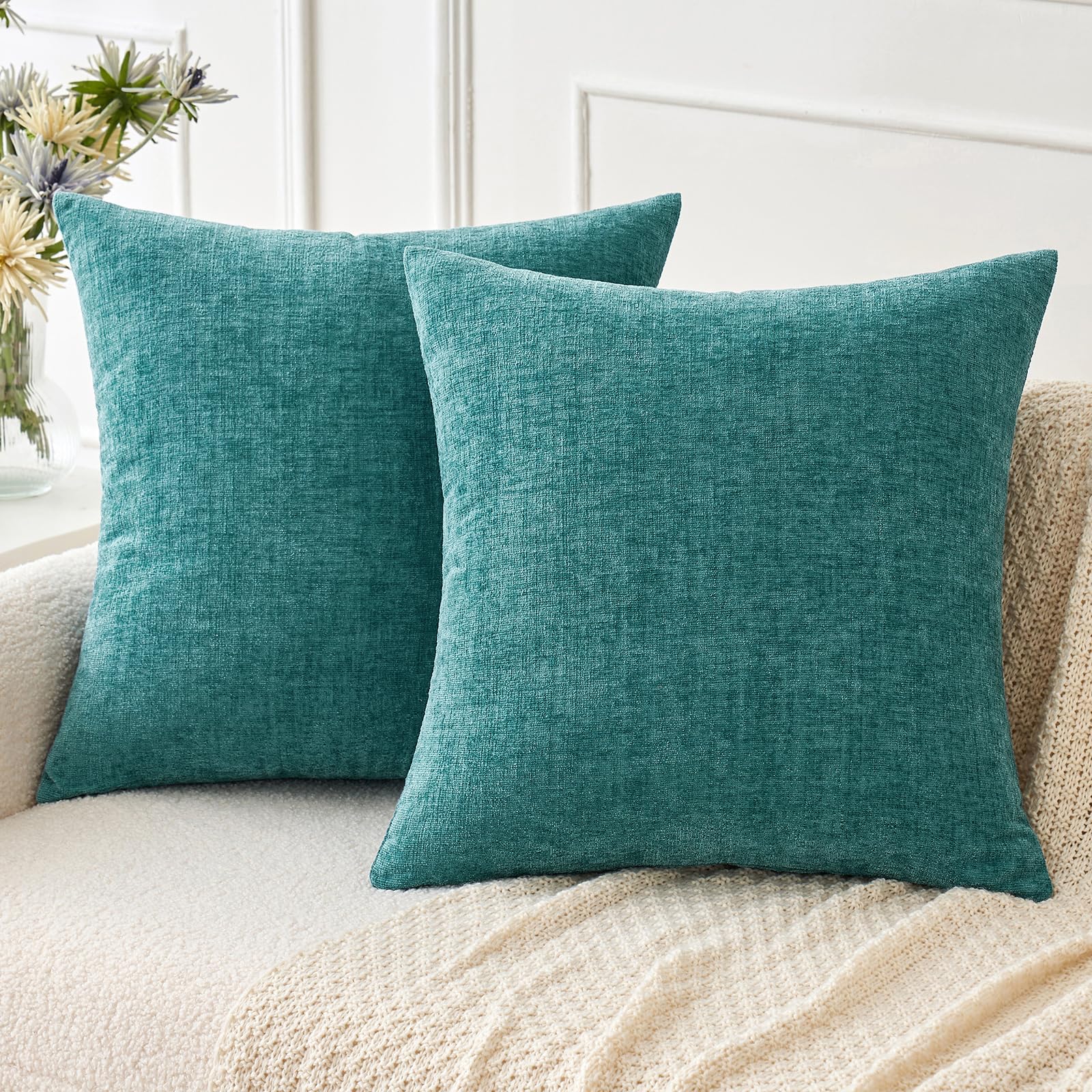 Miulee Pack Of 2 Couch Throw Pillow Covers 18X18 Inch Soft Teal Chenille Pillow Covers For Sofa Living Room Solid Dyed Pillow Ca