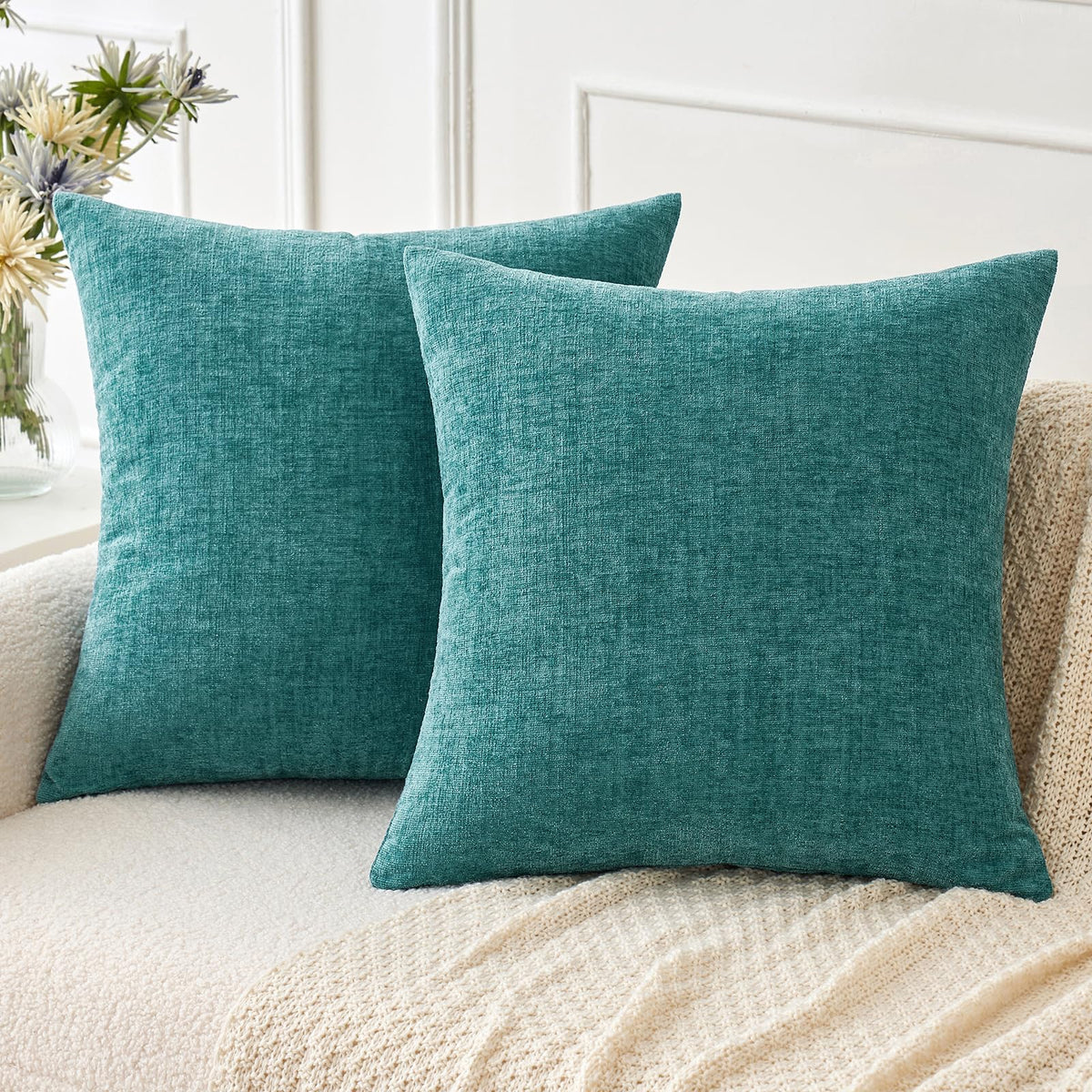 Miulee Pack Of 2 Teal Throw Pillow Covers 16X16 Inch Soft Chenille Pillow Covers For Sofa Living Room Couch Solid Dyed Cases