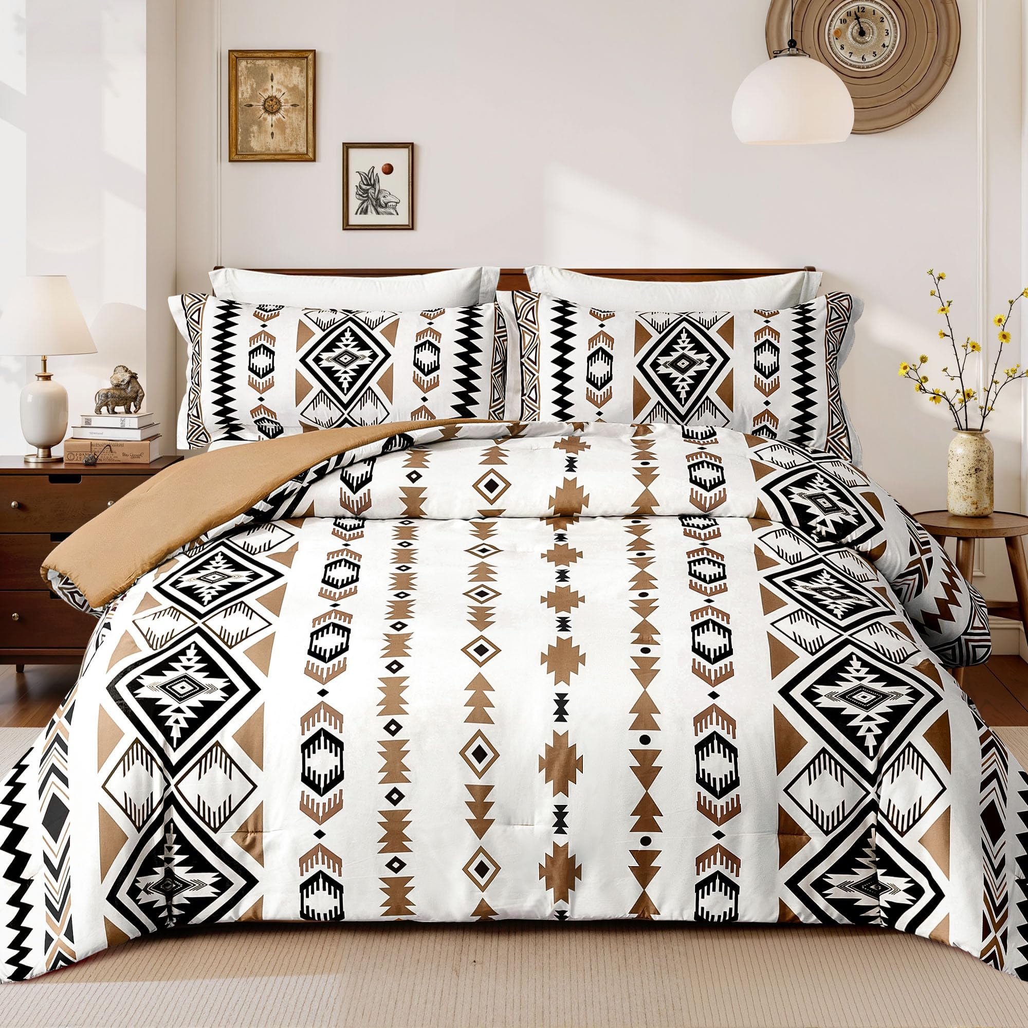 Tyrot Aztec Comforter Bedding Set With Pillow 2 Shams For All Season, King Size, Brown