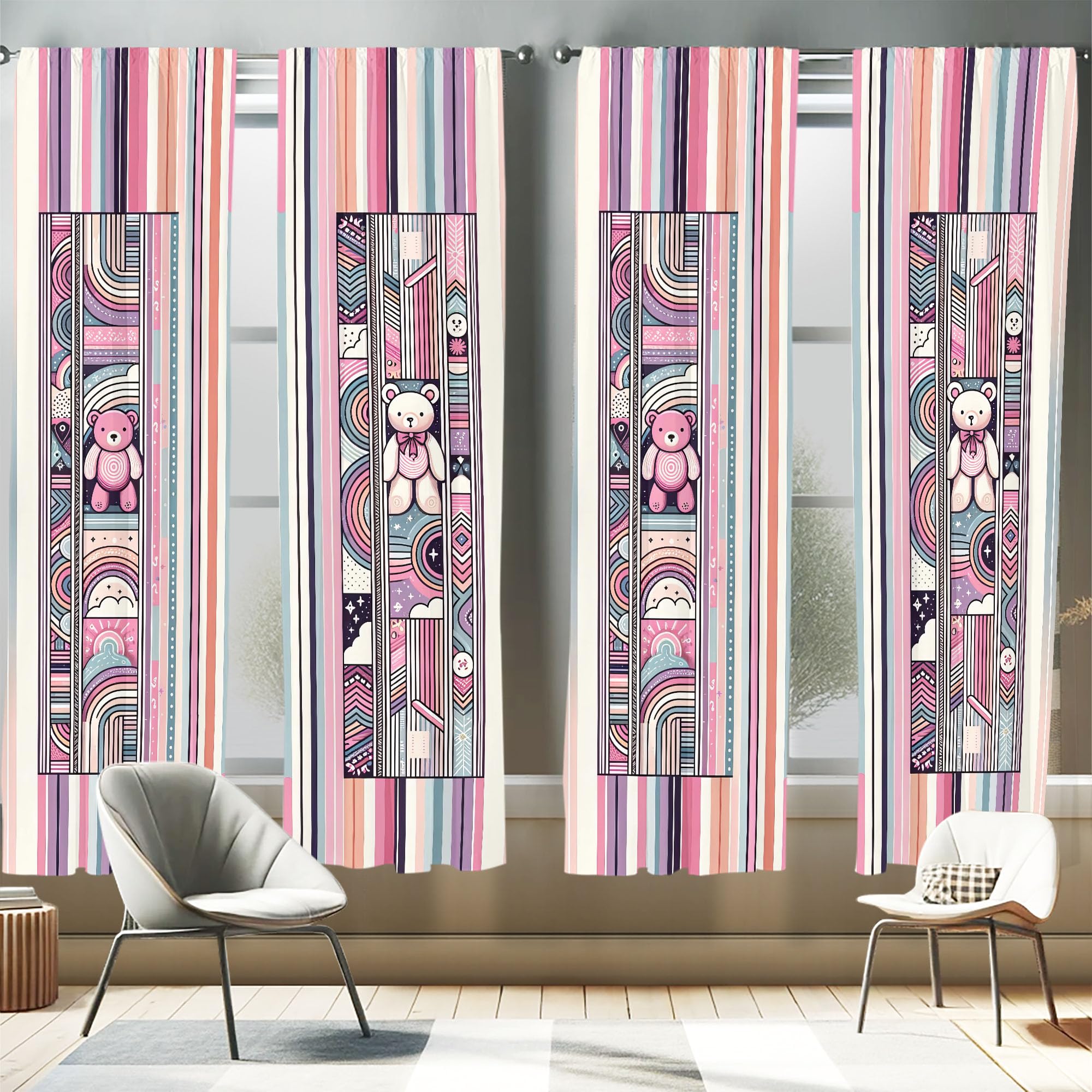 Ambesonne Bear Window Curtains Pack of 2, Delicate Pastel Tone Road Stripes with Modern Cartoon Dream Cloud and Sun, Lightweight
