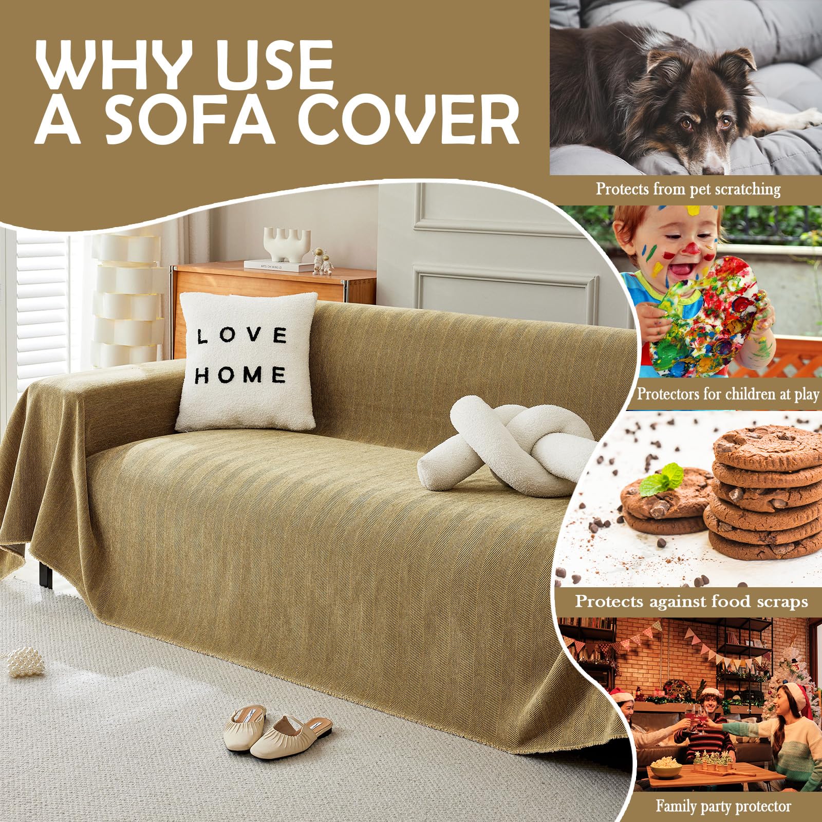 Handontime Couch Covers For Pets Boho Mustard Yellow Love Seat Couch Covers Brown Sofa Cover For Dogs Pet Couch Protector Chenille Tassel Sofa Slipcovers Sofa Throw Cover Boho Decor, 91' X134'