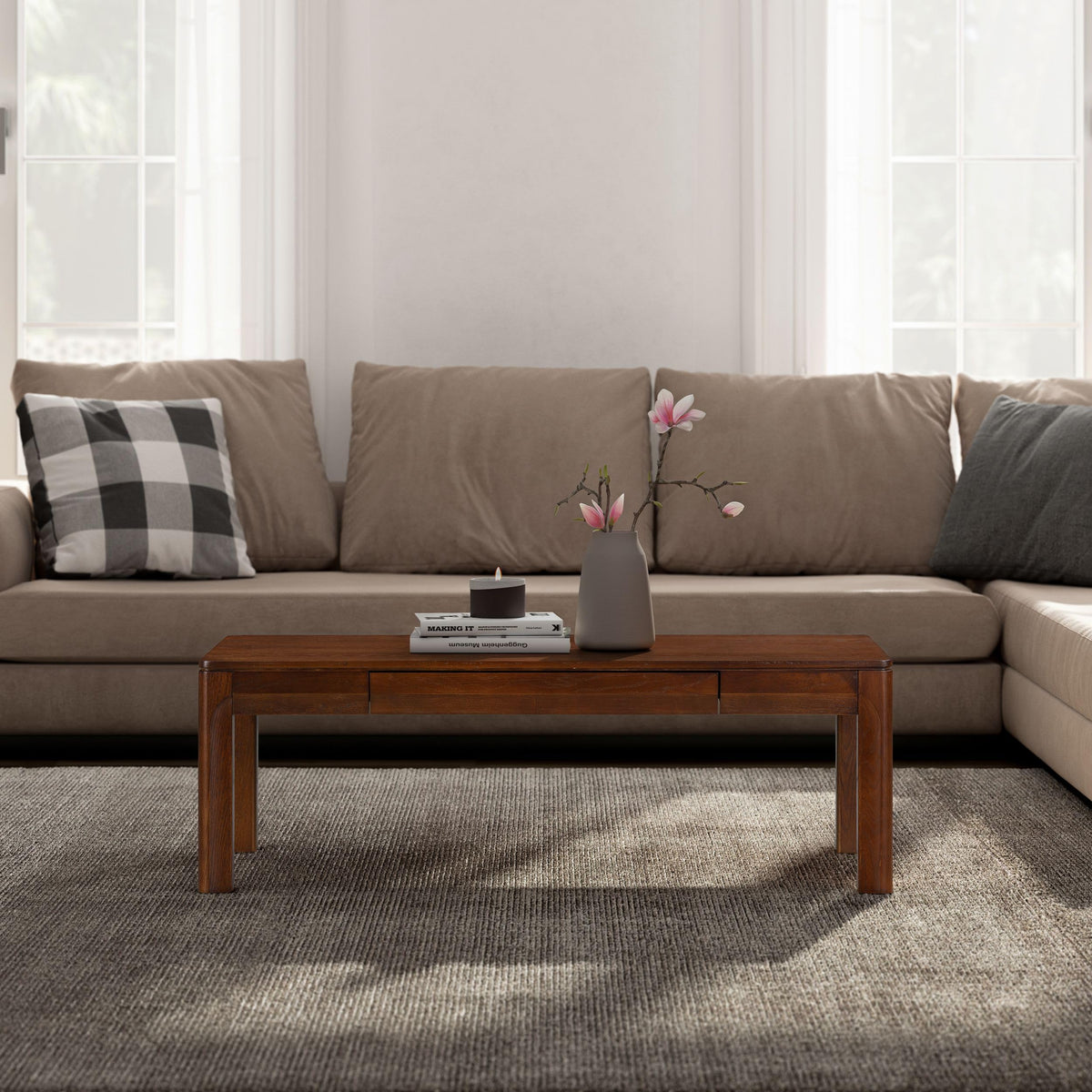 Ntc Flow Modern Wooden Rectangle Coffee Table With Hidden Drawer - Waterproof & Heat Resistant, Dark Walnut