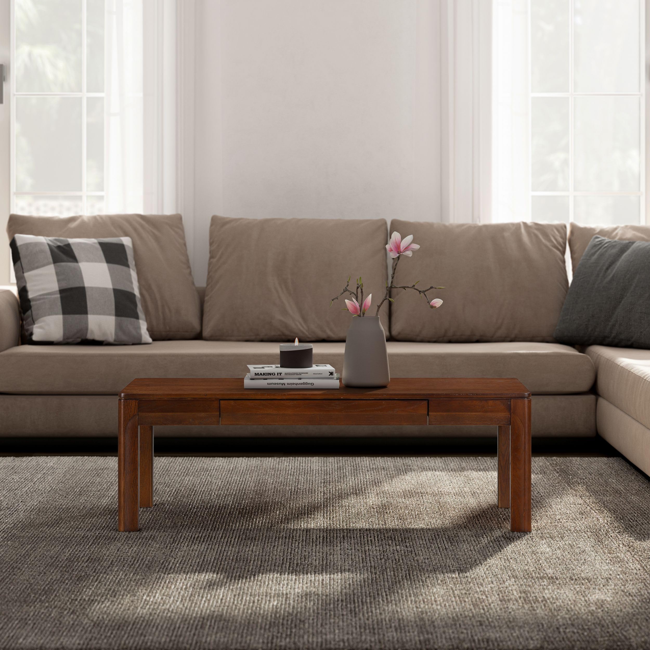 Ntc Flow Modern Wooden Rectangle Coffee Table With Hidden Drawer - Waterproof & Heat Resistant, Dark Walnut