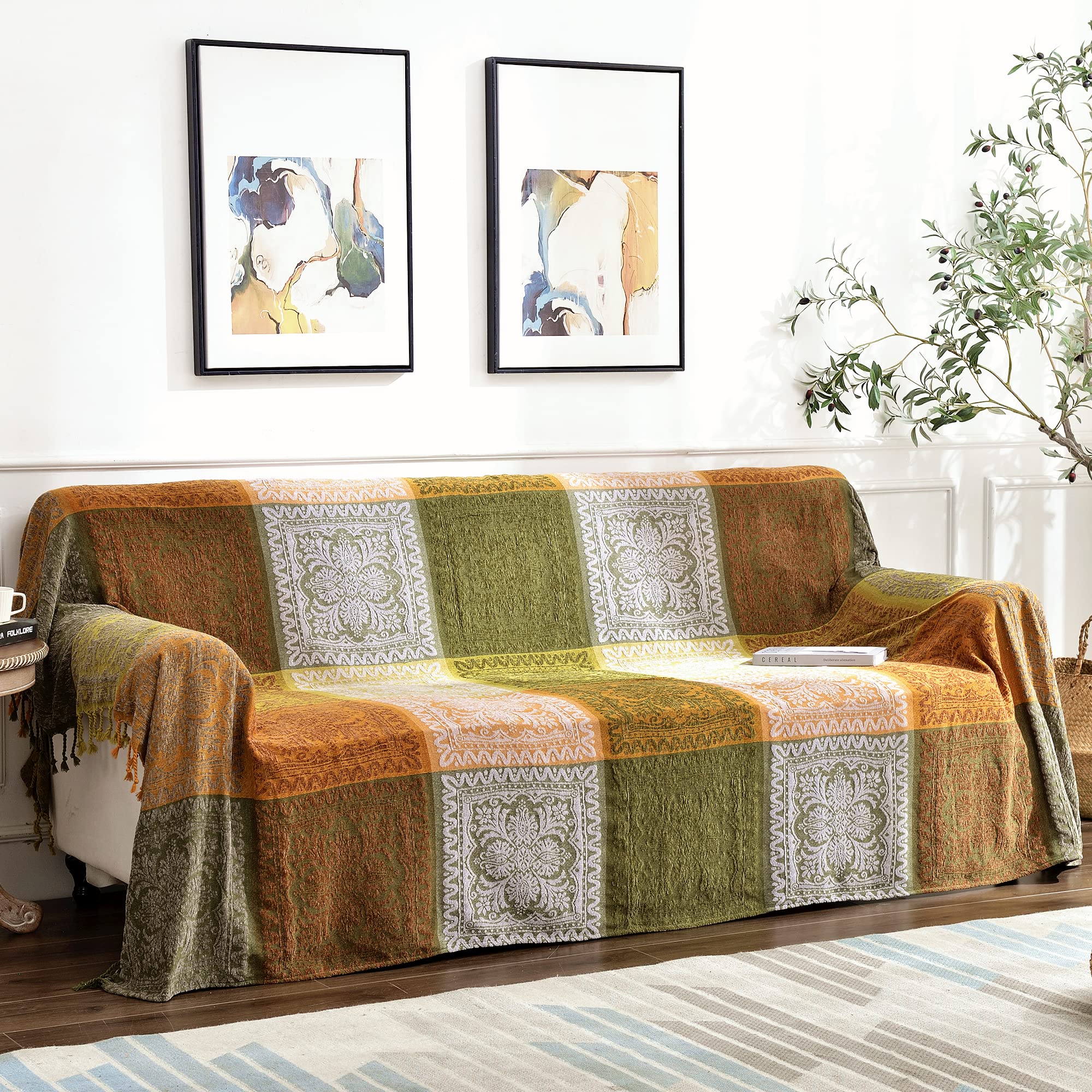 Boho Throw Blanket, Bohemian Tassels Throw Blankets For Bed Couch Soft Chair, Chenille Fringe Tassels (New Green, Large 86 * 102