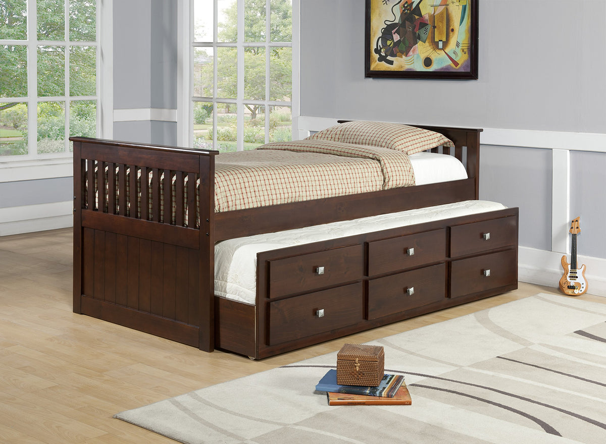 Donco Kids 303-Tcp Captains Trundle Bed With A Roll Out Storage, Twin, Dark Cappuccino