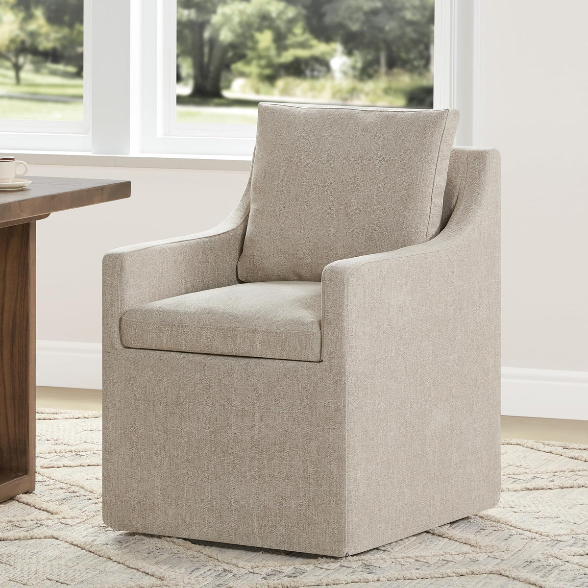 Kislot Upholstered Dining Chair With Casters Easy Assembly Side Deskchair With Rollers For Diningroom Living Room,Khaki,1 Box