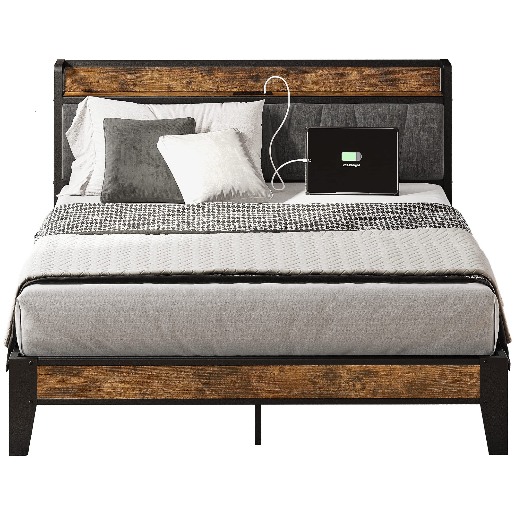LIKIMIO Full Bed Frame, Storage Headboard with Charging Station, Solid and Stable, Noise Free, No Box Spring Needed, Easy Assemb