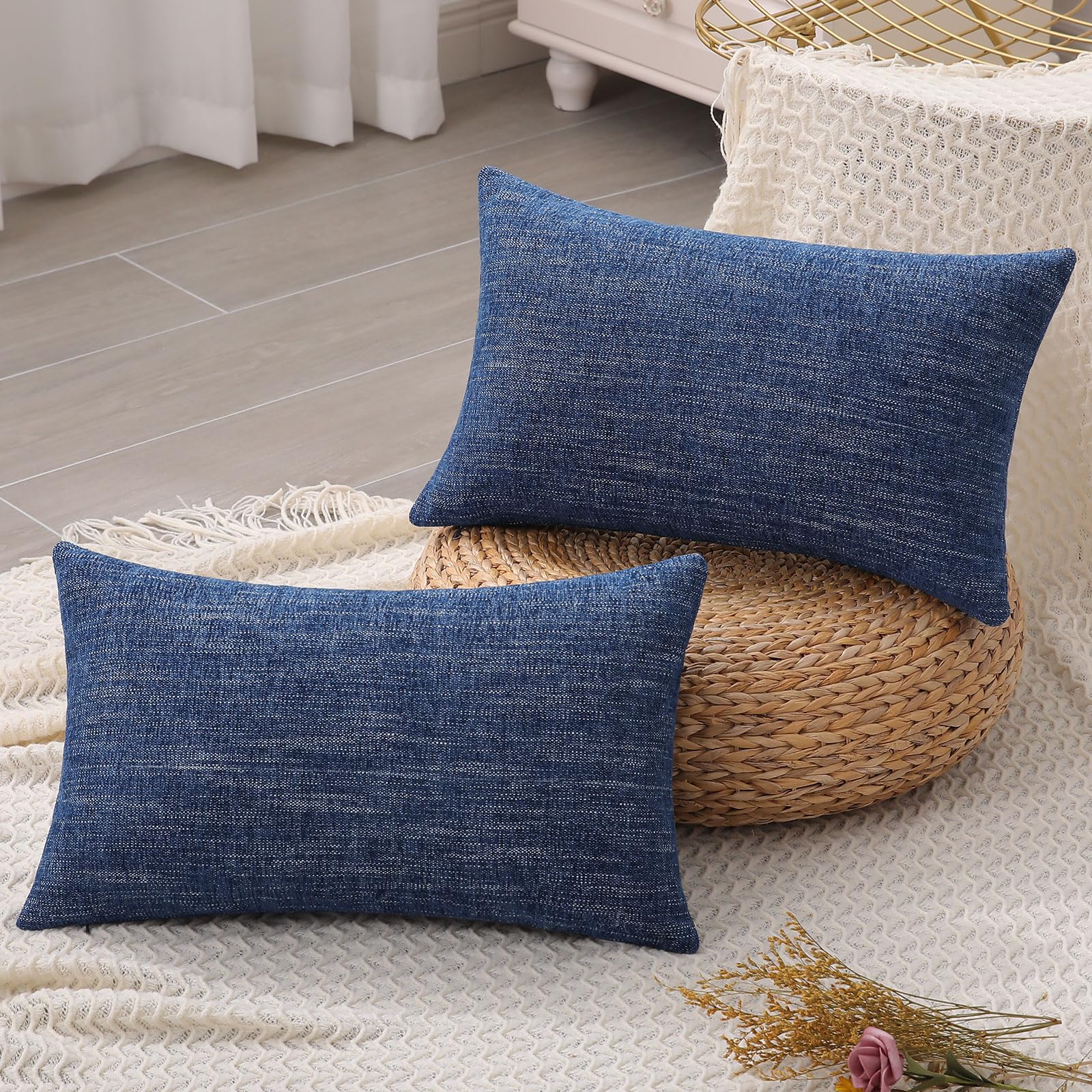 Decoruhome Decorative Throw Pillow Covers 12X20 Set Of 2, Lumbar Farmhouse Pillow Covers, Chenille Soft Pillow Covers For Couch Sofa Bed, Navy Blue