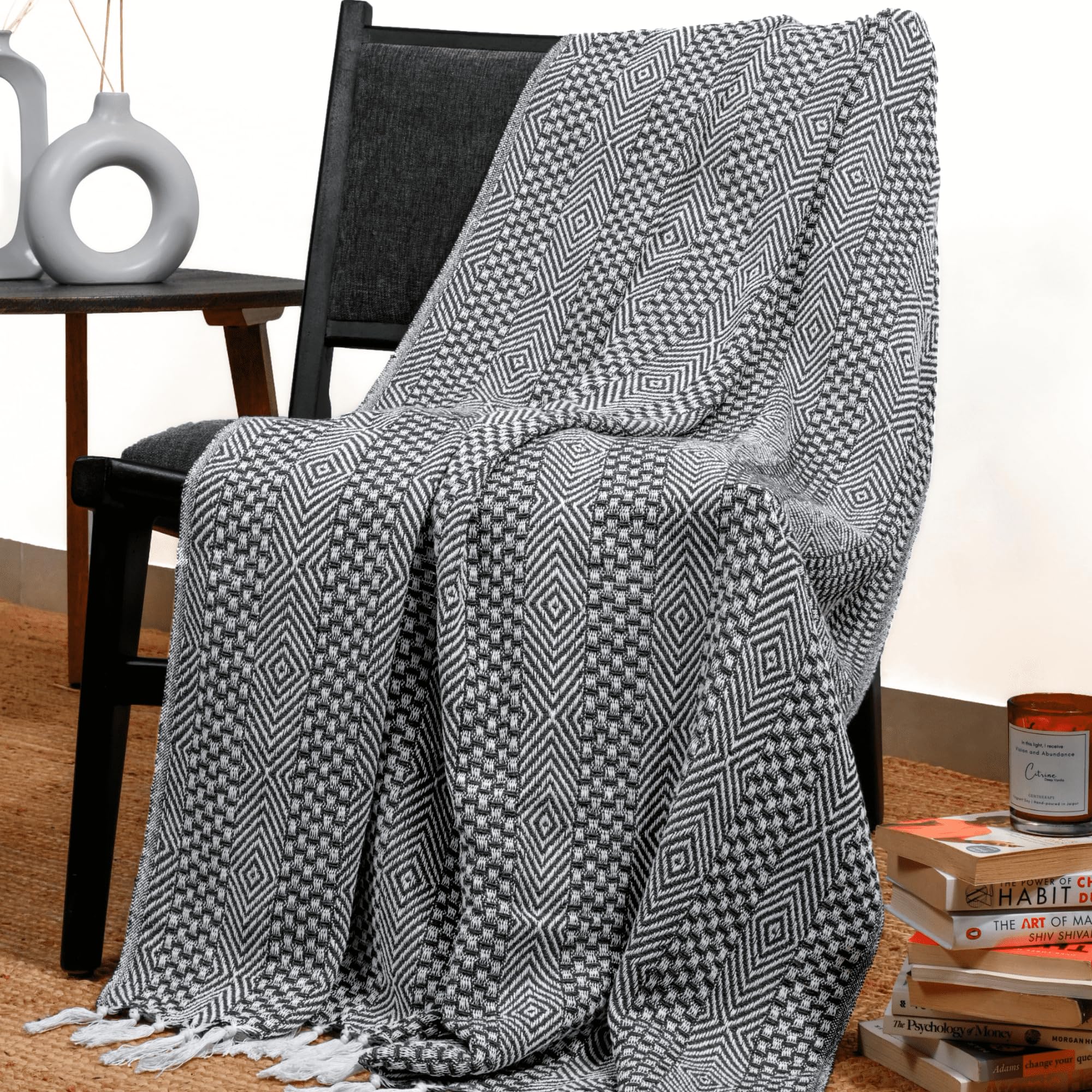 Rajrang Grey Woven Country Rustic Throw Blanket 100% Cotton Luxury Quality Sofa Couch Bed Throws Perfect For Indoor Outdoor 50X6