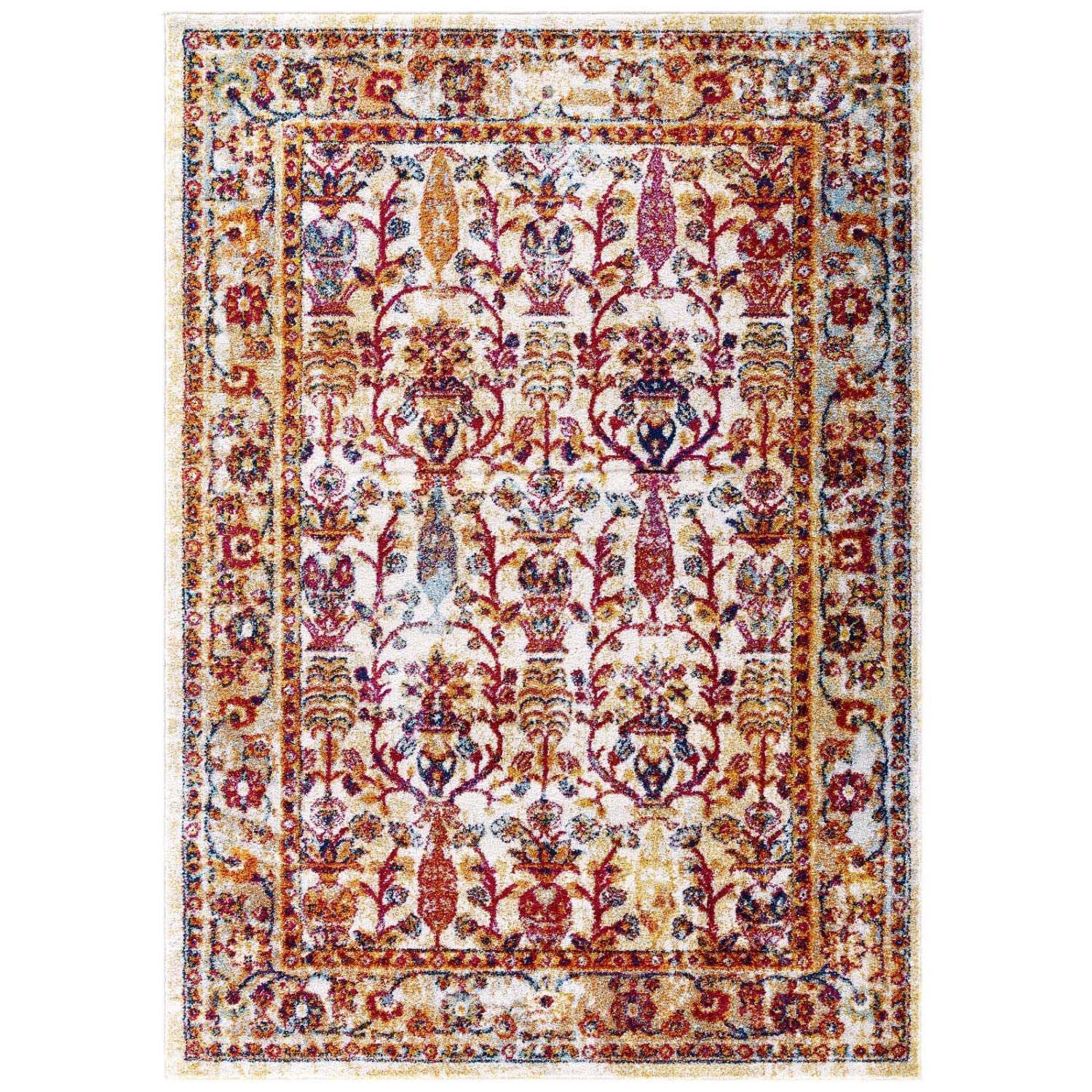 Modway Entourage Jessa Distressed Vintage Floral Lattice 8X10 Area Rug, Ivory, Blue, Orange, Yellow, Red