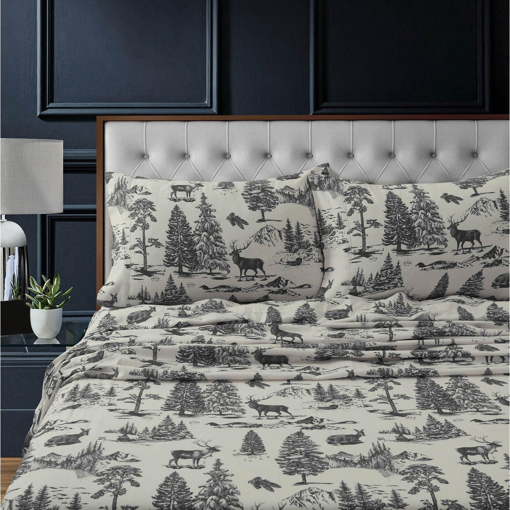 Tribeca Living 100% Cotton Flannel Sheet Set - 200 Gsm, Deep Pocket, Ultra Soft & Cozy, Queen, Deer Toile Charcoal