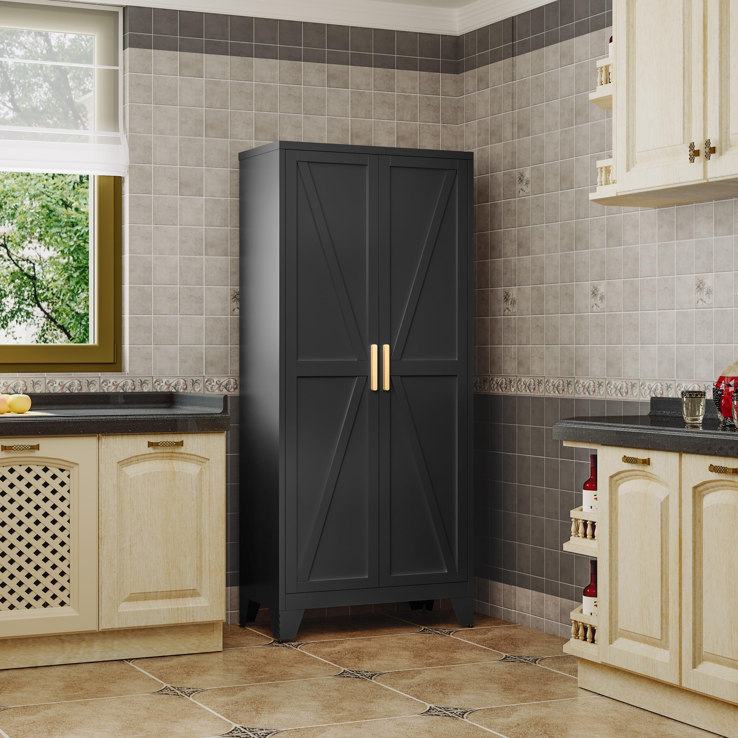 QINPTWUT Large Metal Kitchen Pantry Cabinet with Adjustable Shelves - Freestanding Kitchen Storage Cabinet for Dining Room,Livin