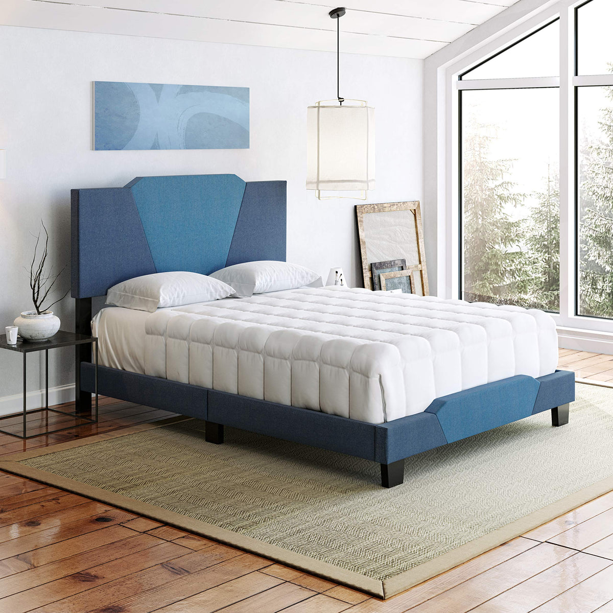 Boyd Sleep Tuscany Upholstered Platform Bed Frame Mattress Foundation With Headboard And Strong Wood Slat Supports: Linen, Ocean/Medium Blue, Queen