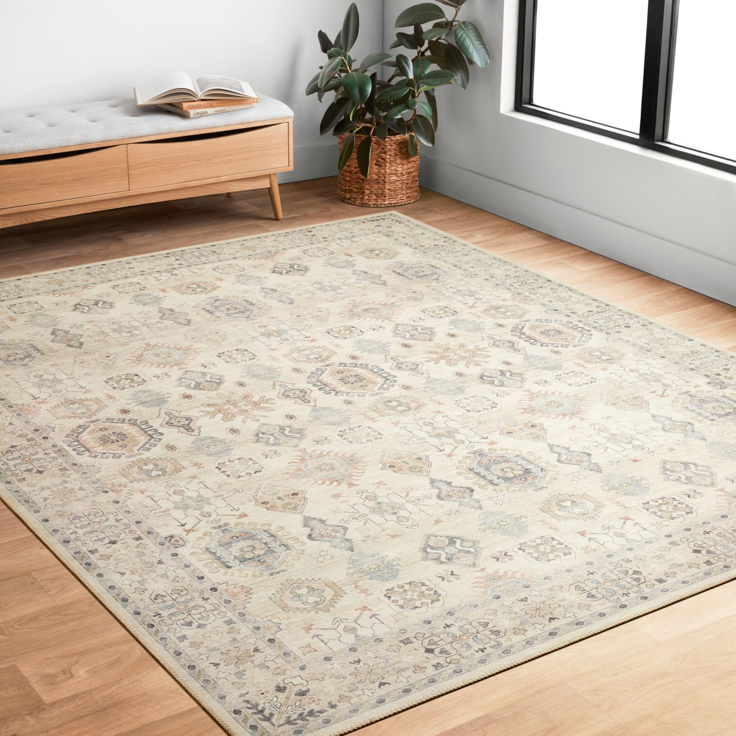 Loloi II Hathaway Collection HTH-04 Beige / Multi 5'-0'' x 7'-6'', .25'' Thick, Area Rug, Soft, Durable, Printed, Modern, Low Pi