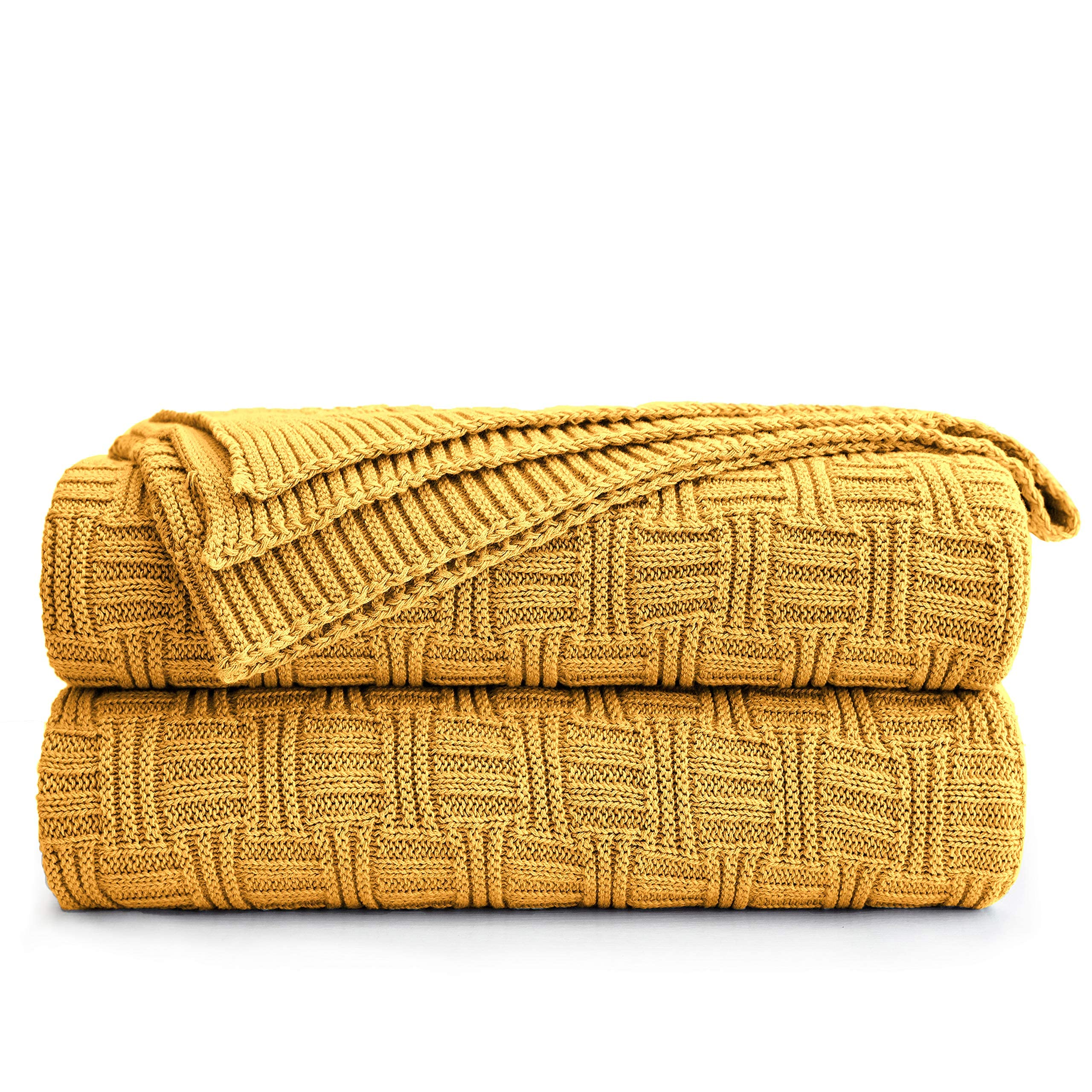 Cotton Mustard Yellow Knit Throw Blanket For Couch Sofa Beach Chair Bed Home Decorative Soft Warm Cozy Cable Lightweight Knitted