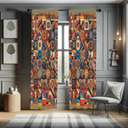 Ambesonne Bohemian Curtains, Patchwork Inspired Squares with Mandala Blooms and Folk Geometric Art, Window Treatments 2 Panel Se