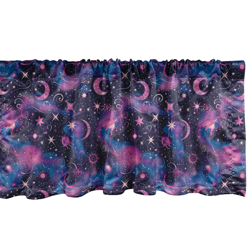 Ambesonne Celestial Window Valance Pack Of 2, Fantasy Dream Oriental Astronomy Art Crescent And Starry Atmosphere, Rod Pocket Curtain Valances For Kitchen Bedroom, 54' X 18', Dark Night Blue Fuchsia