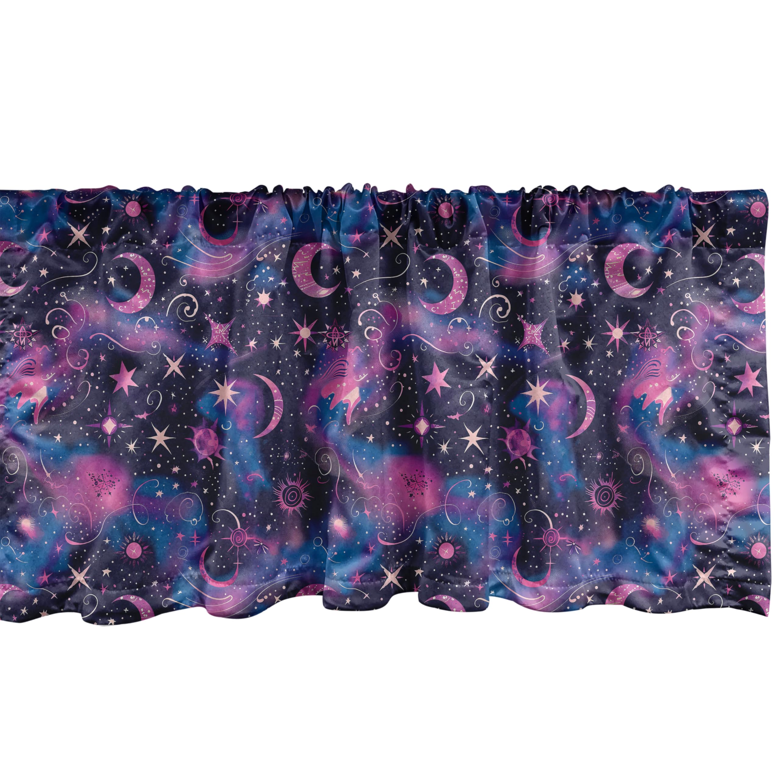 Ambesonne Celestial Window Valance Pack Of 2, Fantasy Dream Oriental Astronomy Art Crescent And Starry Atmosphere, Rod Pocket Curtain Valances For Kitchen Bedroom, 54' X 18', Dark Night Blue Fuchsia