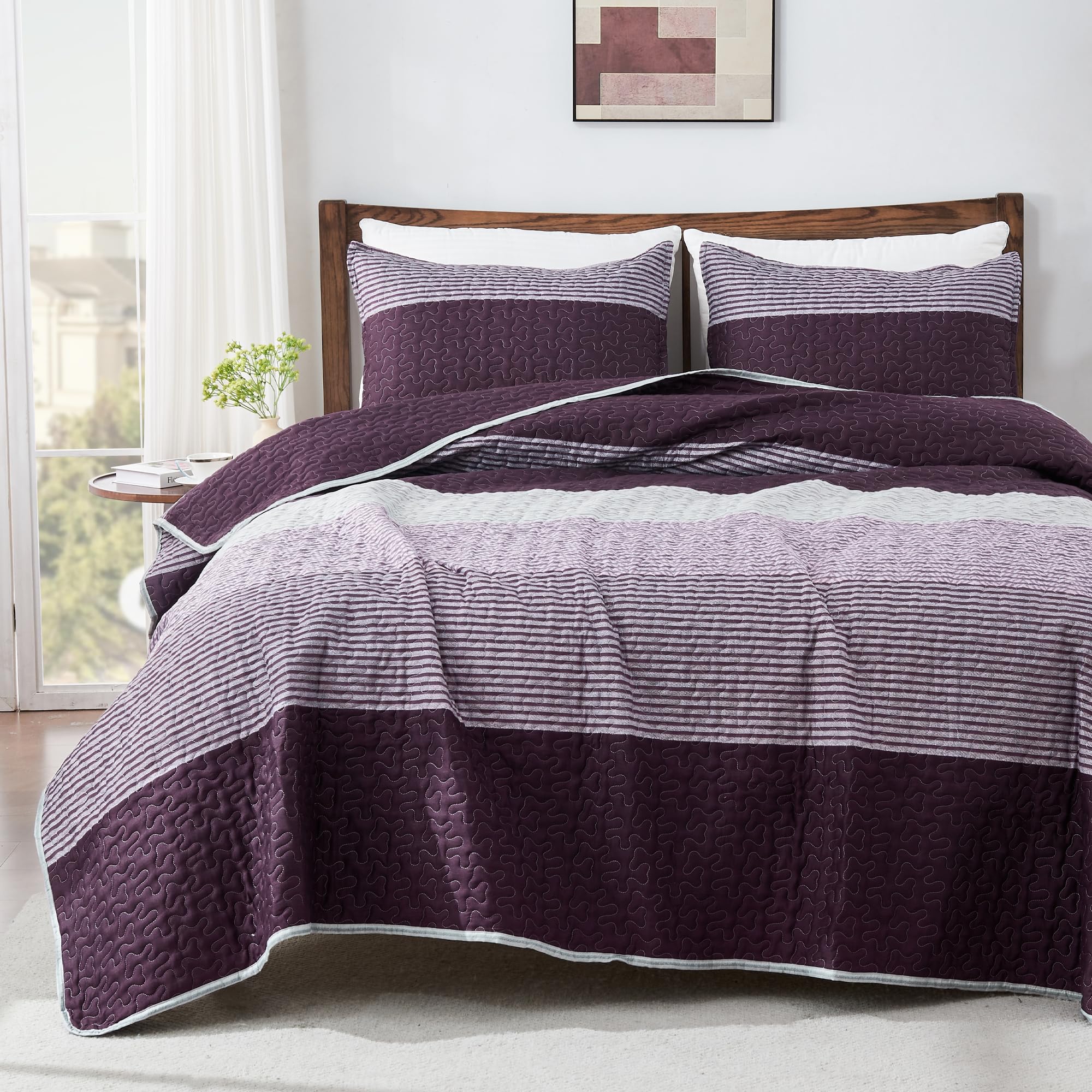 Andency Stripe Quilt Set Cal King(104X112Inch), 3 Pieces (1 Purple Quilt And 2 Pillowcases) Purple And Grey Striped Bedspread Se