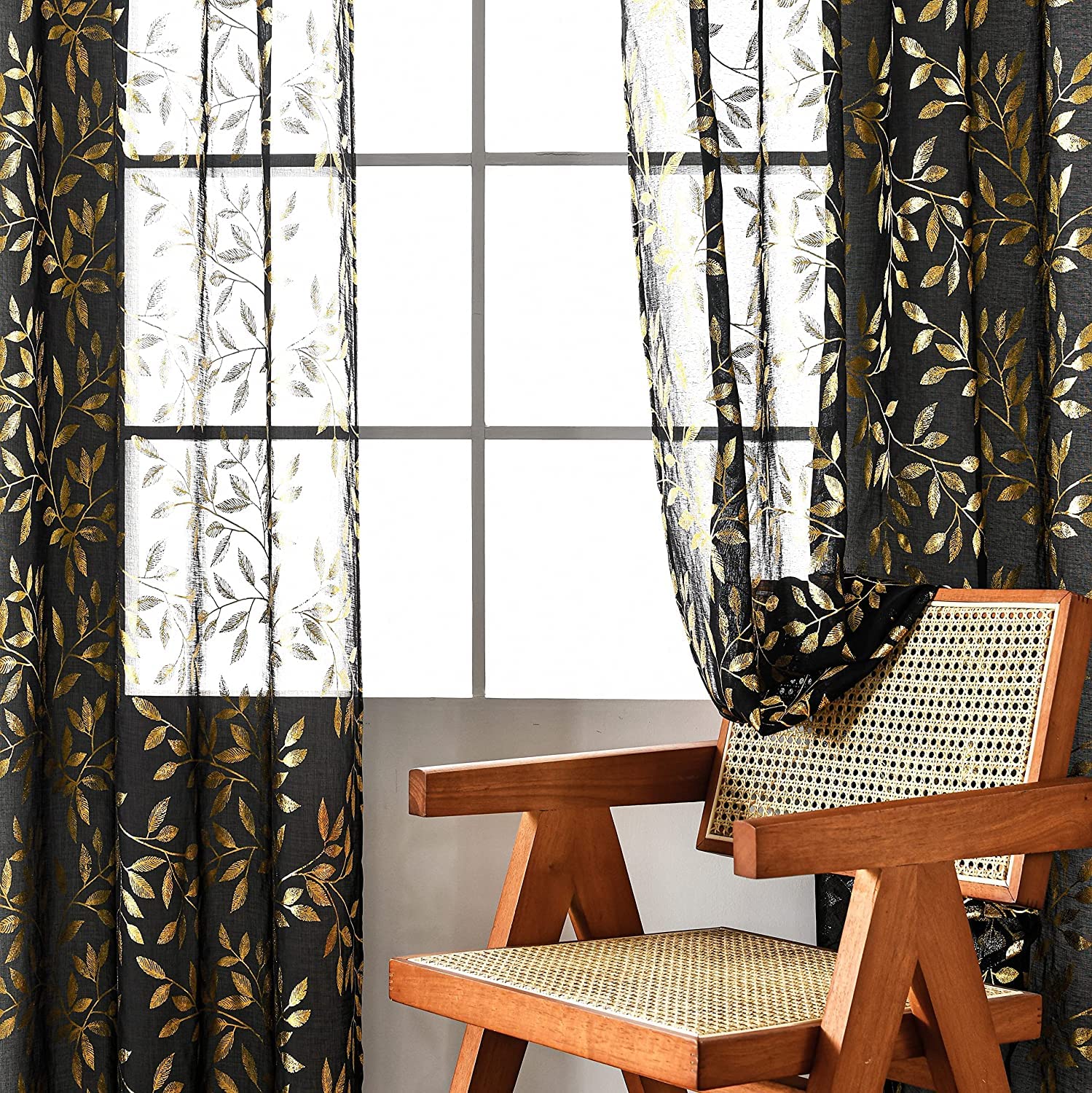 Sutuo Home Black Sheer Curtains 96 Inches Long 2 Panels Set, Gold Foil Print Metallic Bronzing Leaves, Privacy Window Treatment