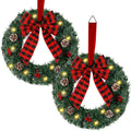 Zcaukya 2 Packs Pre-lit Christmas Wreaths, 14 Inch Buffalo Check Bowknot Wreath with 8 Lighting Modes String Lights, Artificial 