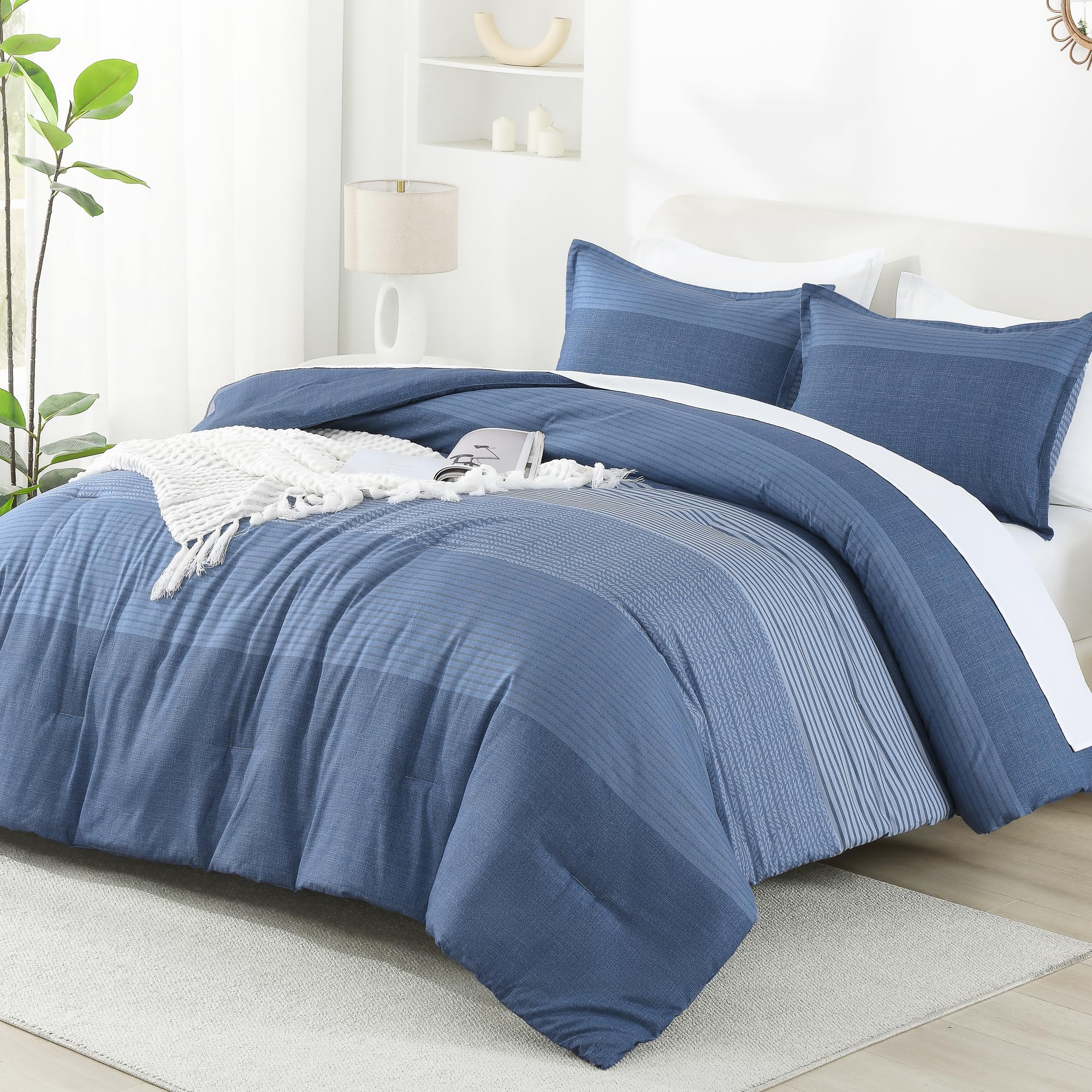 Litanika Comforter Set Queen Size Sapphire Blue - 3 Pieces Lightweight Sapphire Blue White Colorblock Stripe Fluffy Bedding Comf