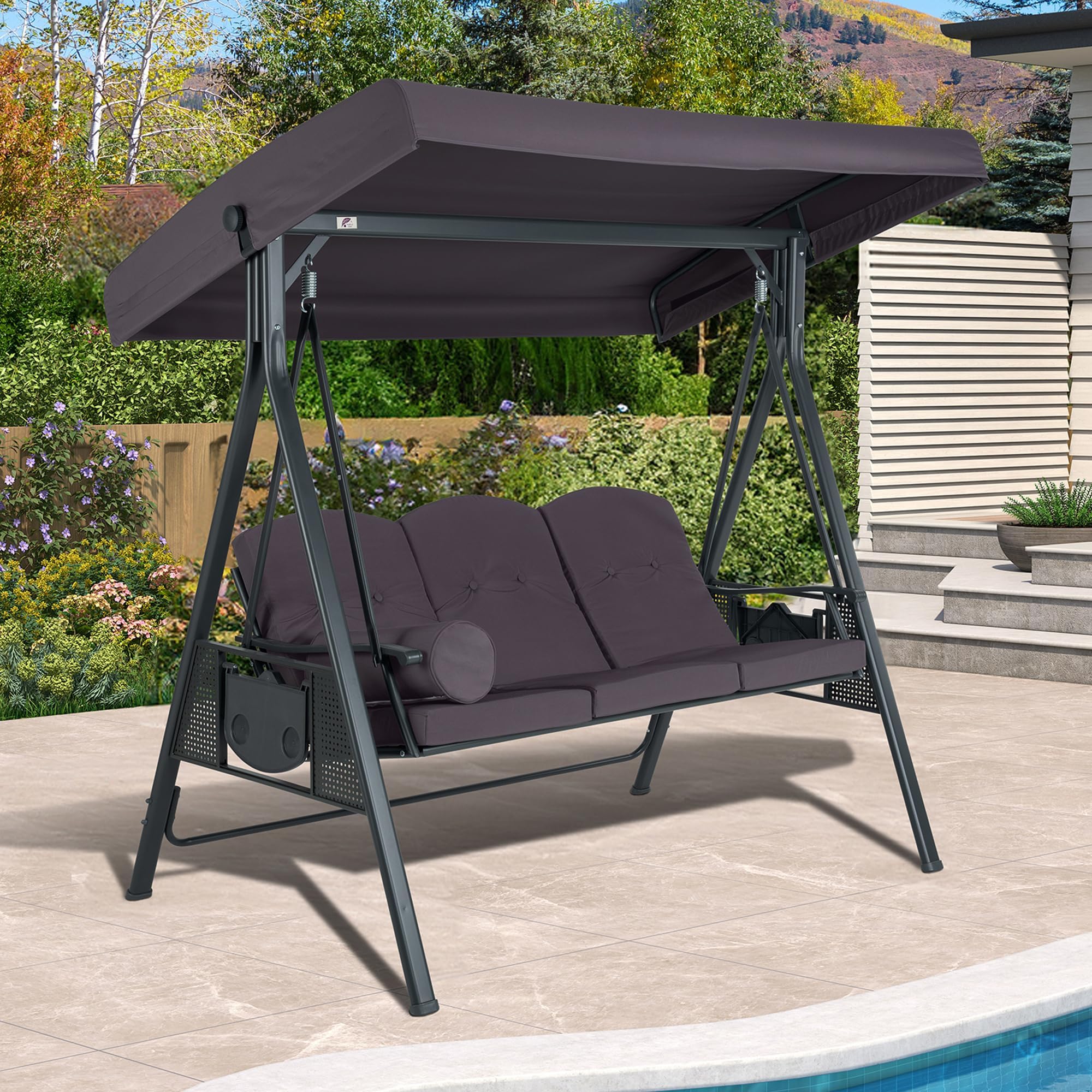 Purple Leaf Outdoor Patio Porch Swing With Stand, 3-Seat Swing Chair With Adjustable Tilt Canopy All-Weather Steel Frame For Backyard Front Porch Lawn, Cushions And Pillow Included, Grey