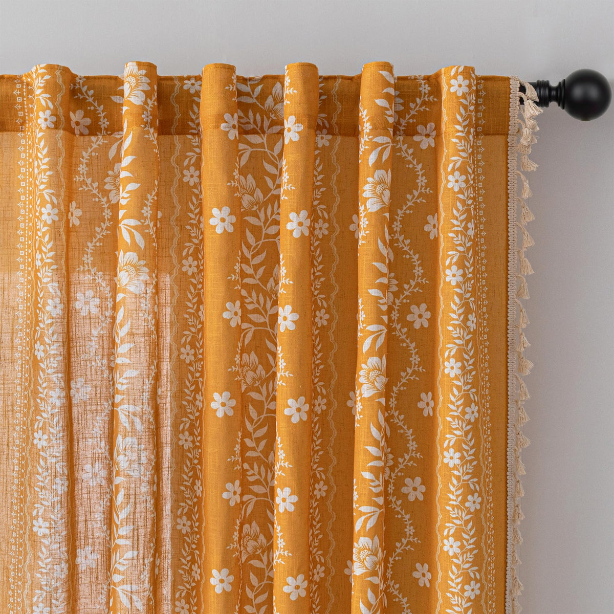 MYSKY HOME Golden Yellow Boho Floral Curtains 84 inch Length 2 Panels Set Farmhouse Linen Blend Semi Sheer Vintage Bohemian Drap