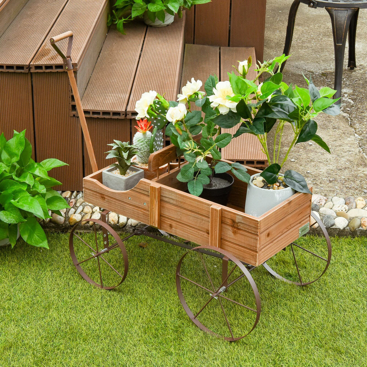 Dortala Wooden Wagon Planter, Garden Wagon Cart Planter Stand With 2 Planting Section, Adjustable Handle, Rolling Wheels, Plante