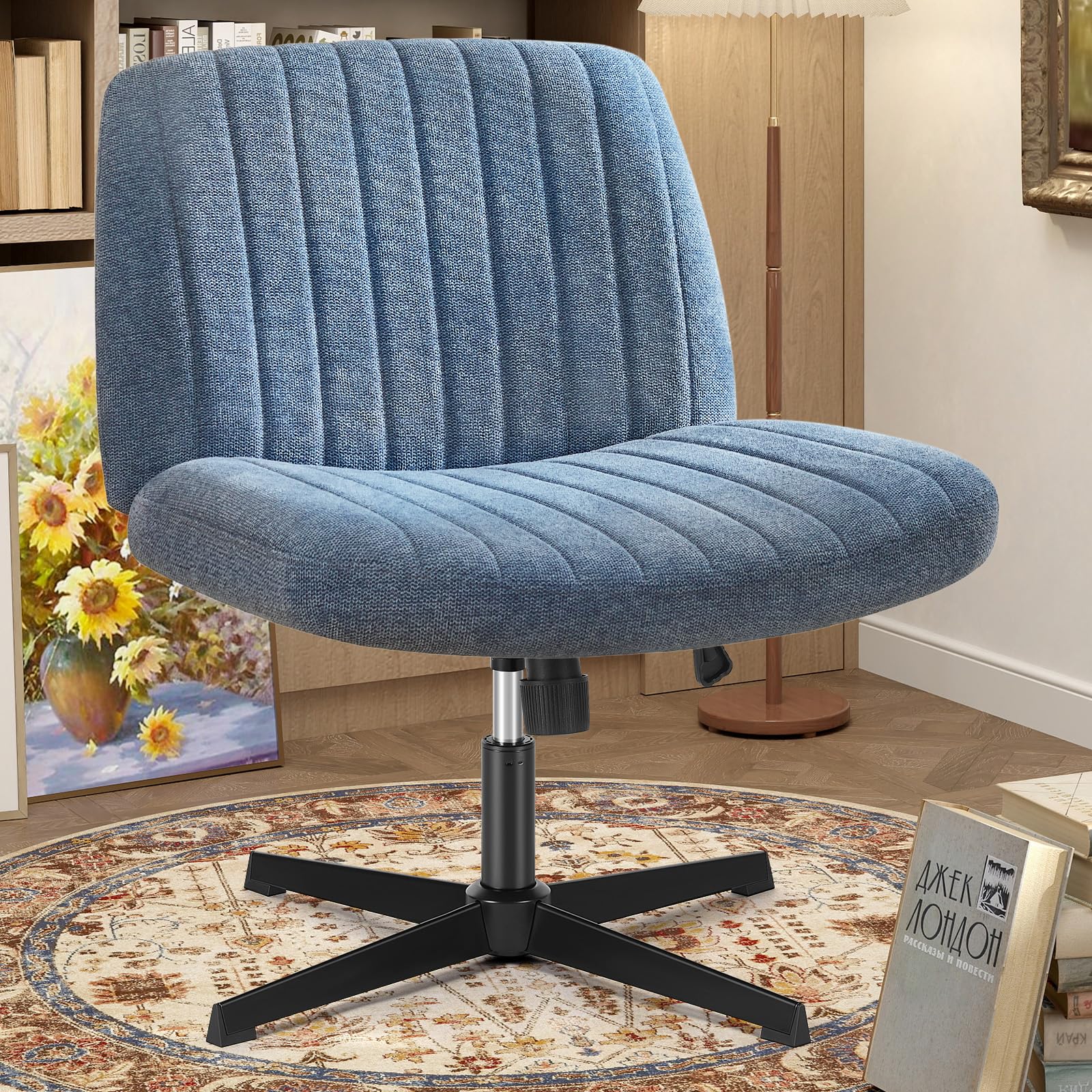 OLIXIS Criss Cross Chairs Legged Armless No Wheels Wide Seat Height Adjustable Swivel Rolling Padded Fabric Home Office Desk Sea