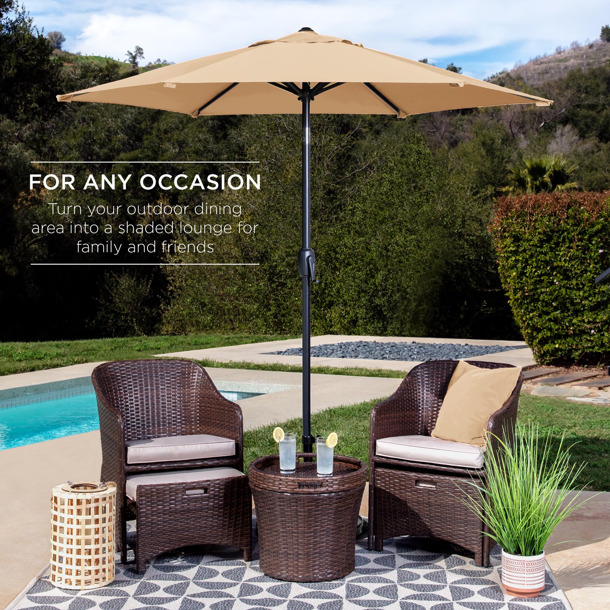 Best Choice Products 7.5Ft Heavy-Duty Round Outdoor Market Table Patio Umbrella W/Steel Pole, Push Button Tilt, Easy Crank Lift - Sand