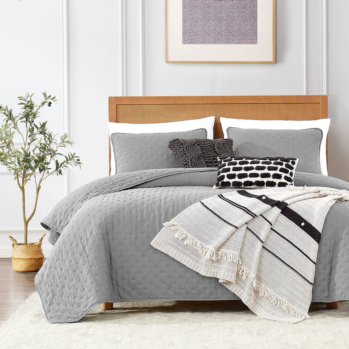 Roaringwild Light Grey Twin Size Quilt Bedding Sets With Pillow Sham, Lightweight Bedspread Coverlet, Quilted Blanket Thin Comfo
