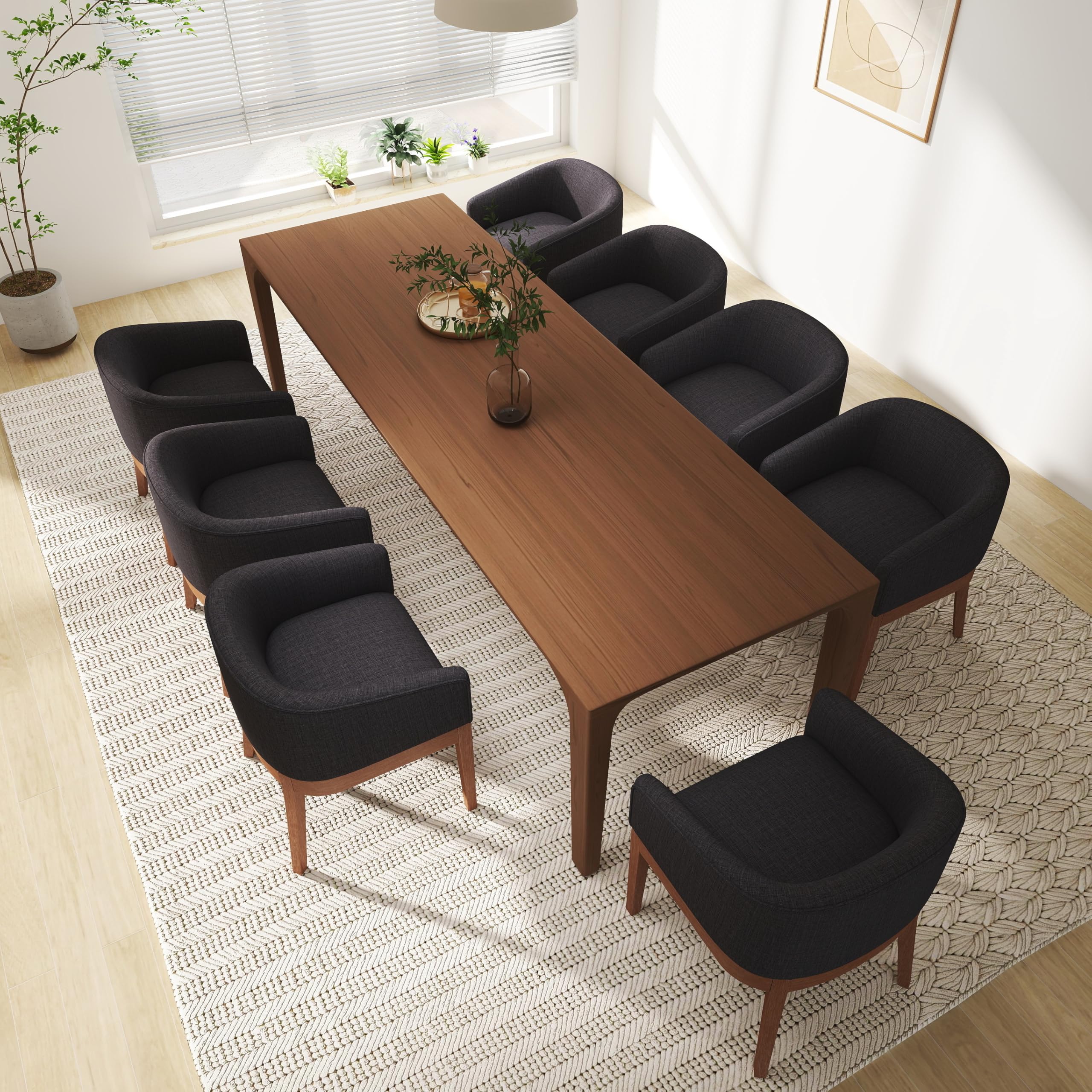 Rivova Mid-Century Modern Charcoal Dining Chairs Set Of 8, Linen Upholstered Kitchen Dining Room Chairs With Wood Legs, Curved B