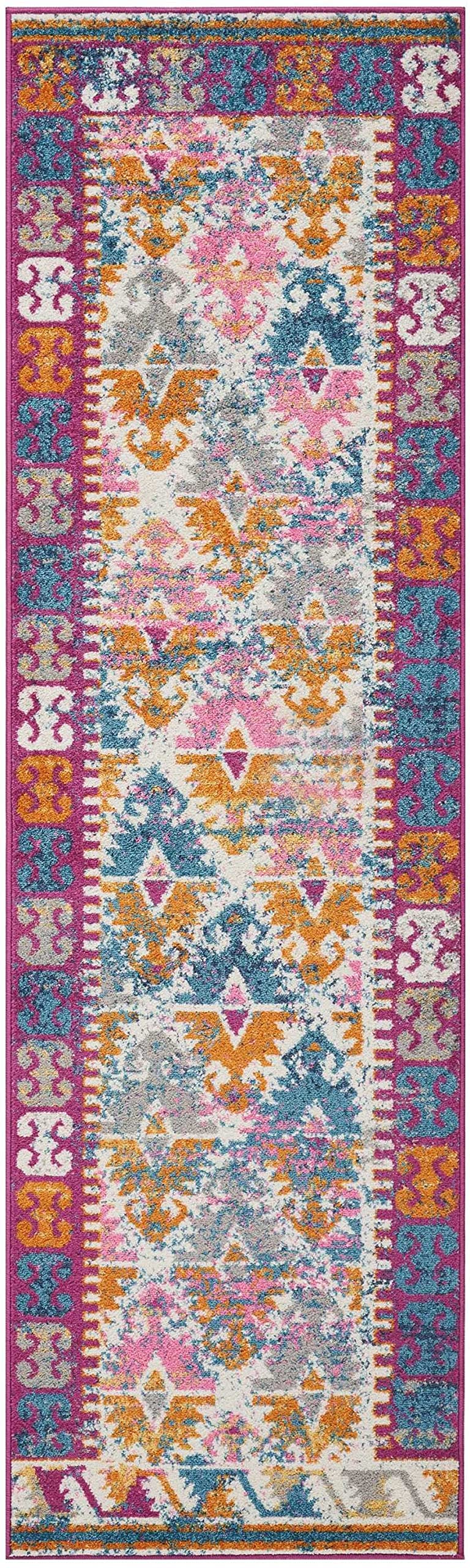 HomeRoots 100% Polypropylene 2’ x 8’ Ivory and Magenta Tribal Pattern Runner Rug