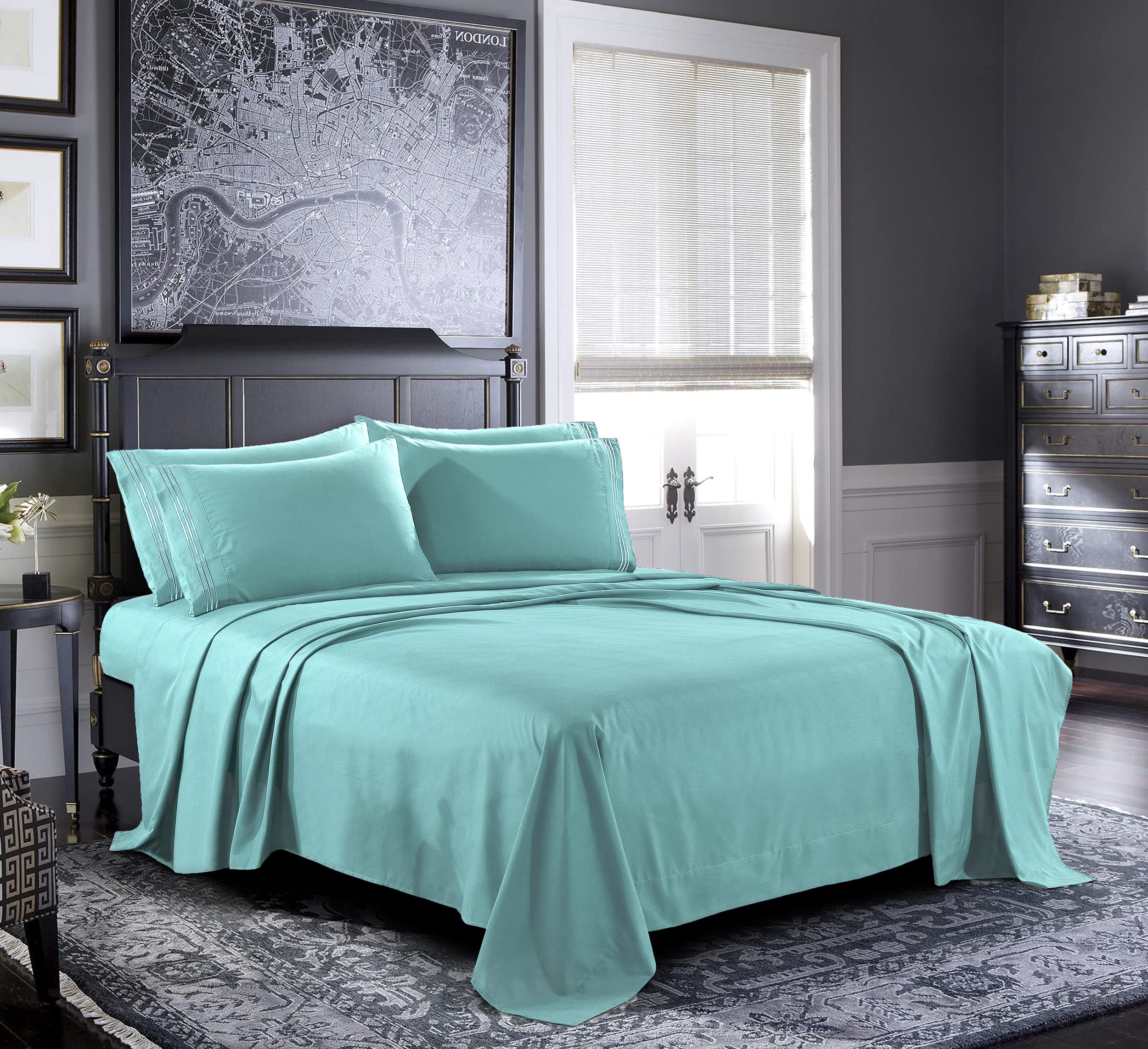 Pure Bedding Bed Sheets - King Sheet Set [6-Piece, Aqua] - Hotel Luxury 1800 Brushed Microfiber - Soft And Breathable - Deep Poc