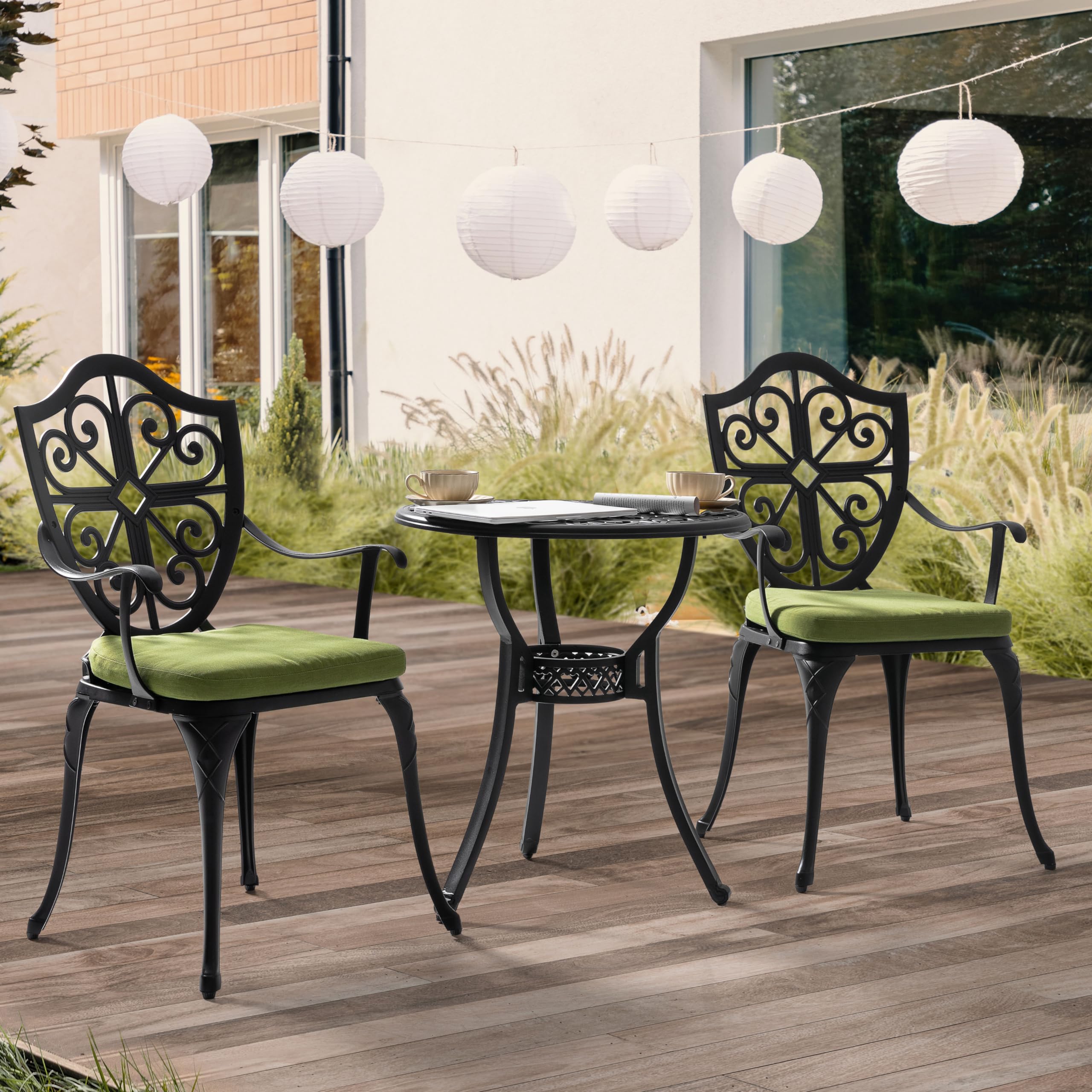 Nuu Garden 3 Piece Outdoor Bistro Set Cast Aluminum Patio Set Bistro Table Set Rustproof Patio Table And Chairs With Umbrella Hole And Green Cushions For Backyard, Balcony, Porch, Black