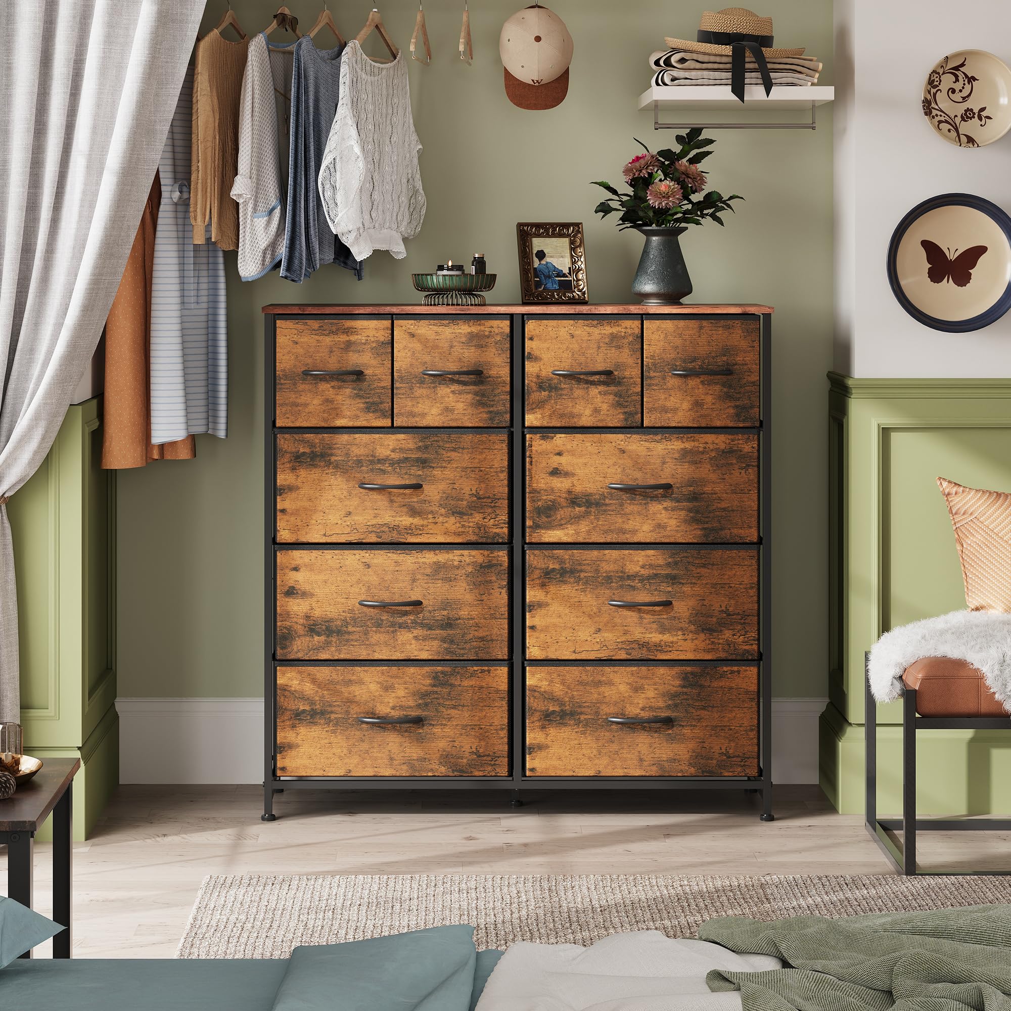 Wlive Dresser For Bedroom With 10 Drawers, Wide Fabric Dresser For Storage And Organization, Bedroom Dressers, Chest Of Drawers For Living Room, Closet, Hallway, Rustic Brown Wood Grain Print
