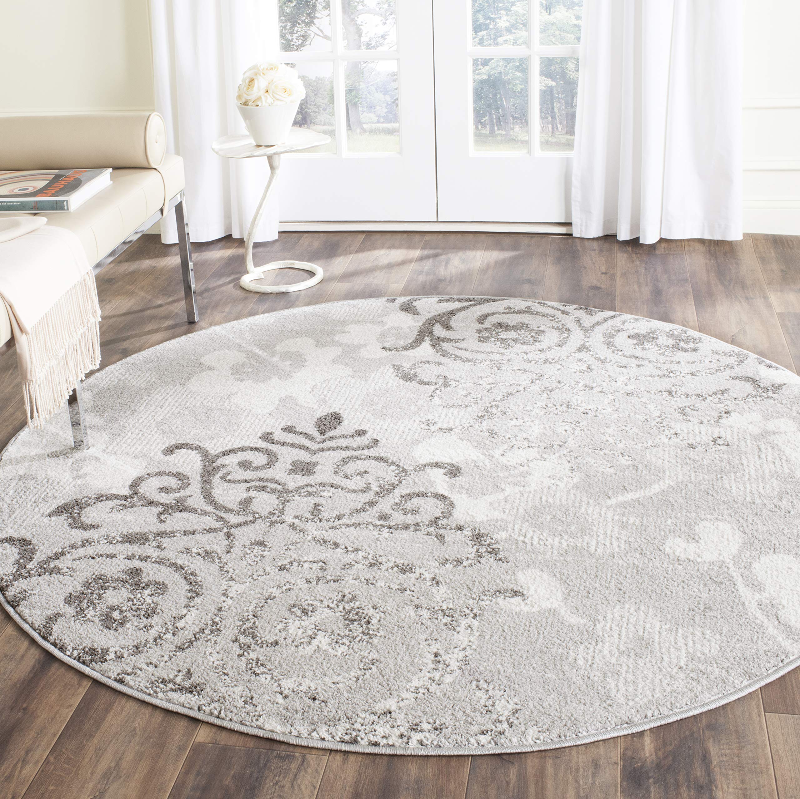 SAFAVIEH Adirondack Collection 12 Round Silver / Ivory ADR114B Floral Glam Damask Distressed Non-Shedding Dining Room Entryway 