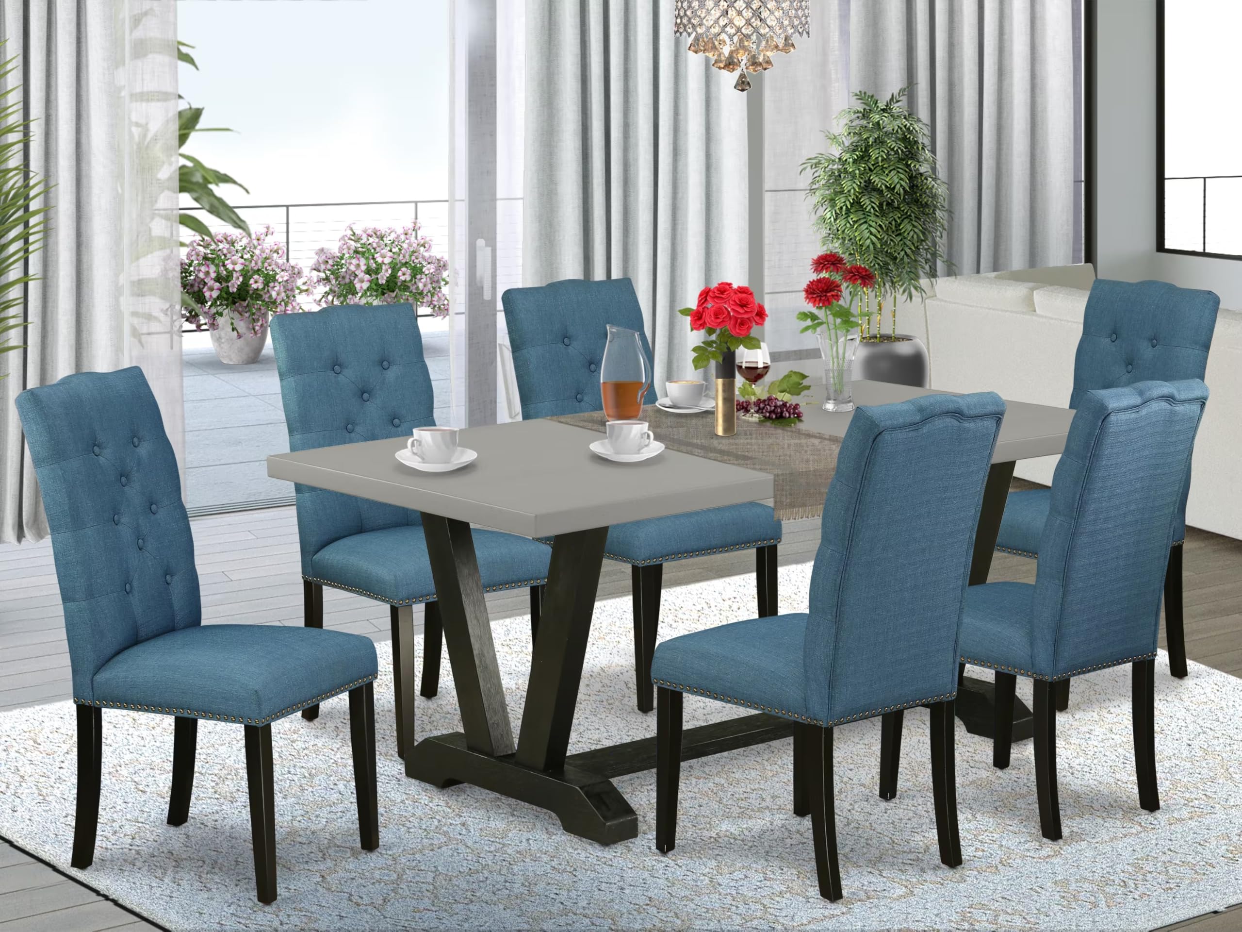 East West Furniture V697El121-7 7 Piece Dining Set Consist Of A Rectangle Dining Room Table With V-Legs And 6 Blue Linen Fabric Upholstered Chairs, 40X72 Inch, Multi-Color