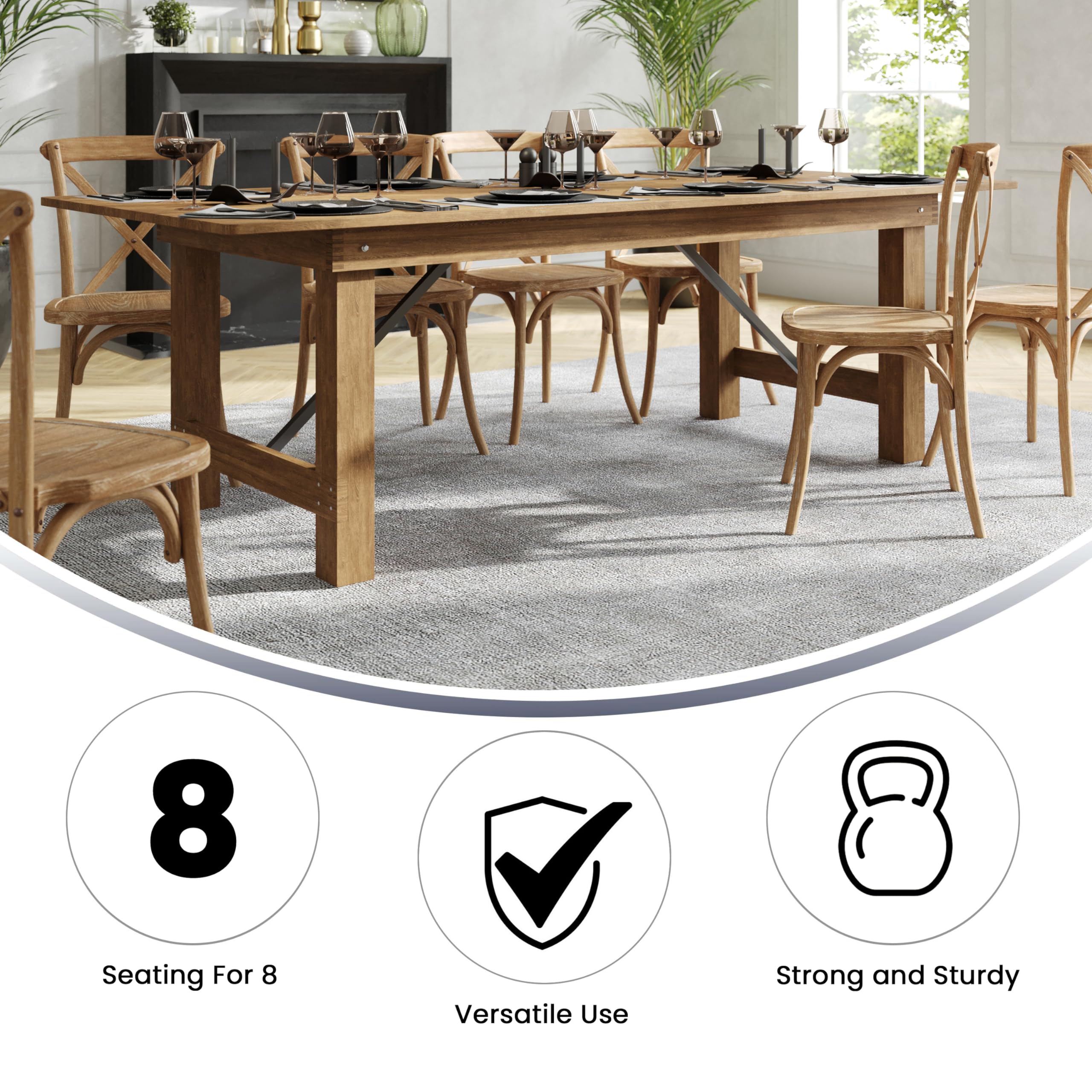 Flash Furniture Hercules Series 8' x 40&quot; Rustic Solid Pine Folding Dining Table, Rectangular Antique Farmhouse Dining and Event Extension Table