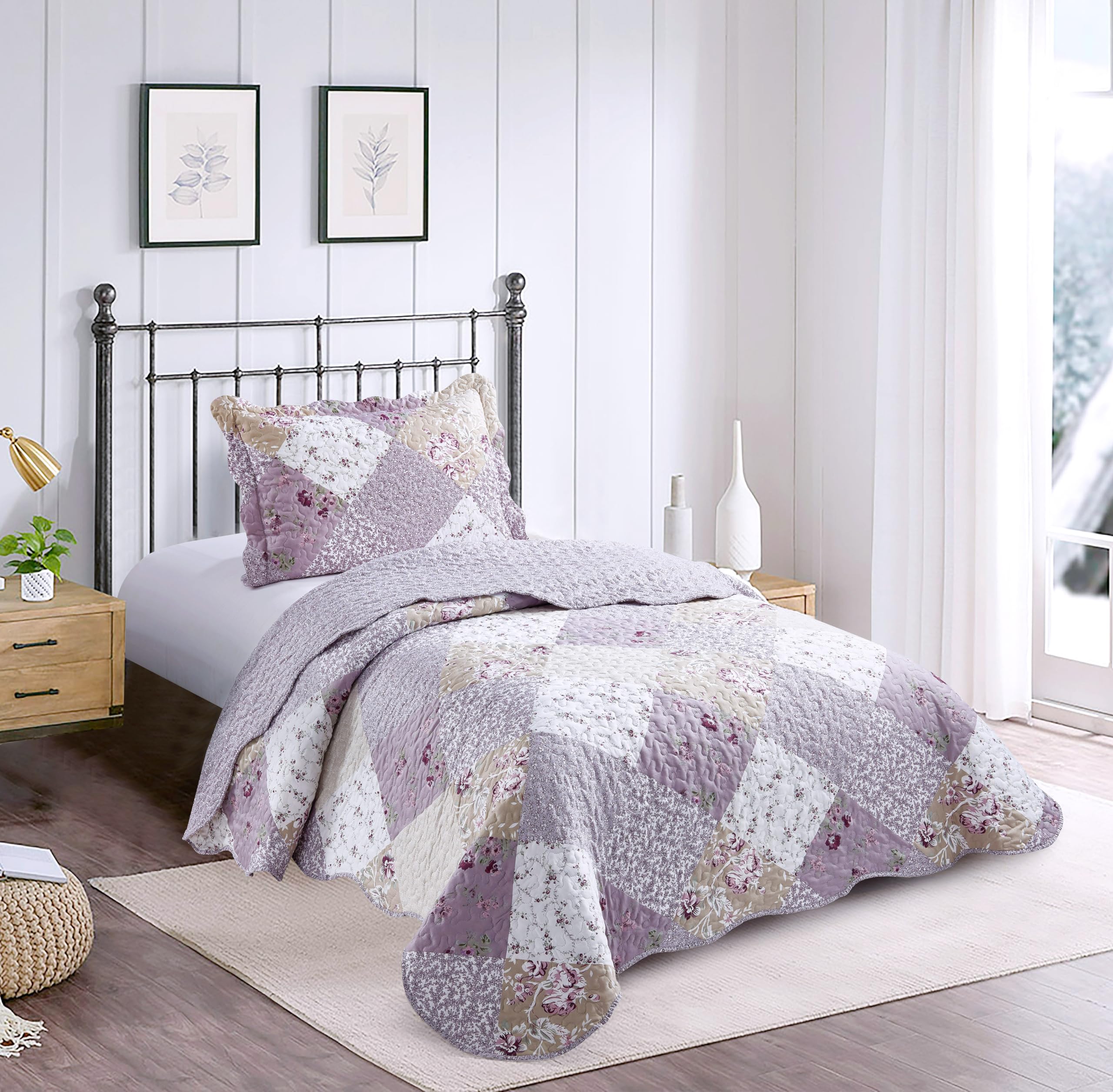 Brilliant Sunshine Lilac And Beige Rose Quilt Set, 2-Piece Bedding Sets With 1 Sham, Patchwork Design, Washable And Reversible Bedspread, Soft Lightweight Coverlet, All-Season, Twin/Twin Xl