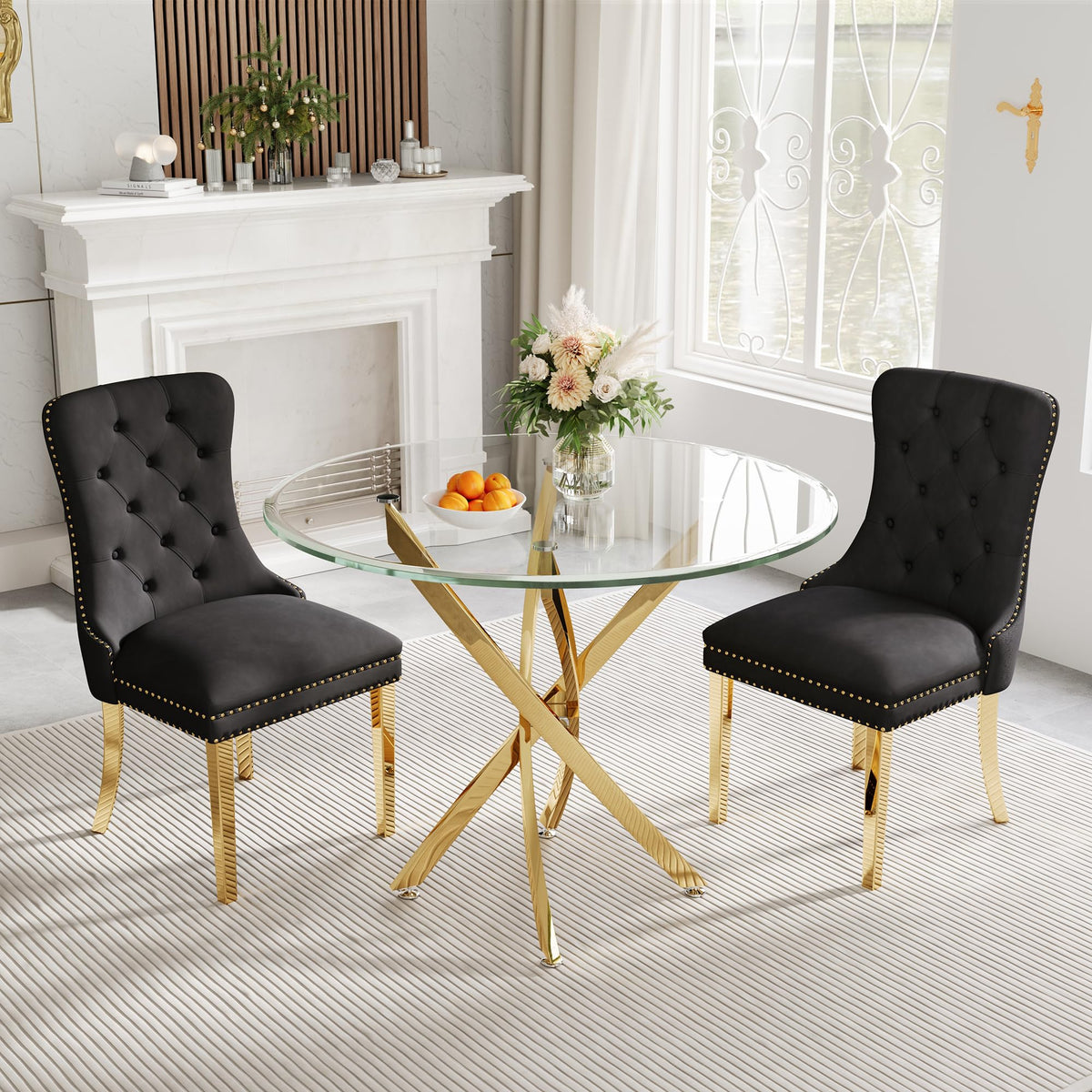 Af Artisan Furniture 36' Round Glass Dining Table Set For 2, 3-Piece Modern Kitchen Table With 2 Black Velvet Chairs, Modern Ci