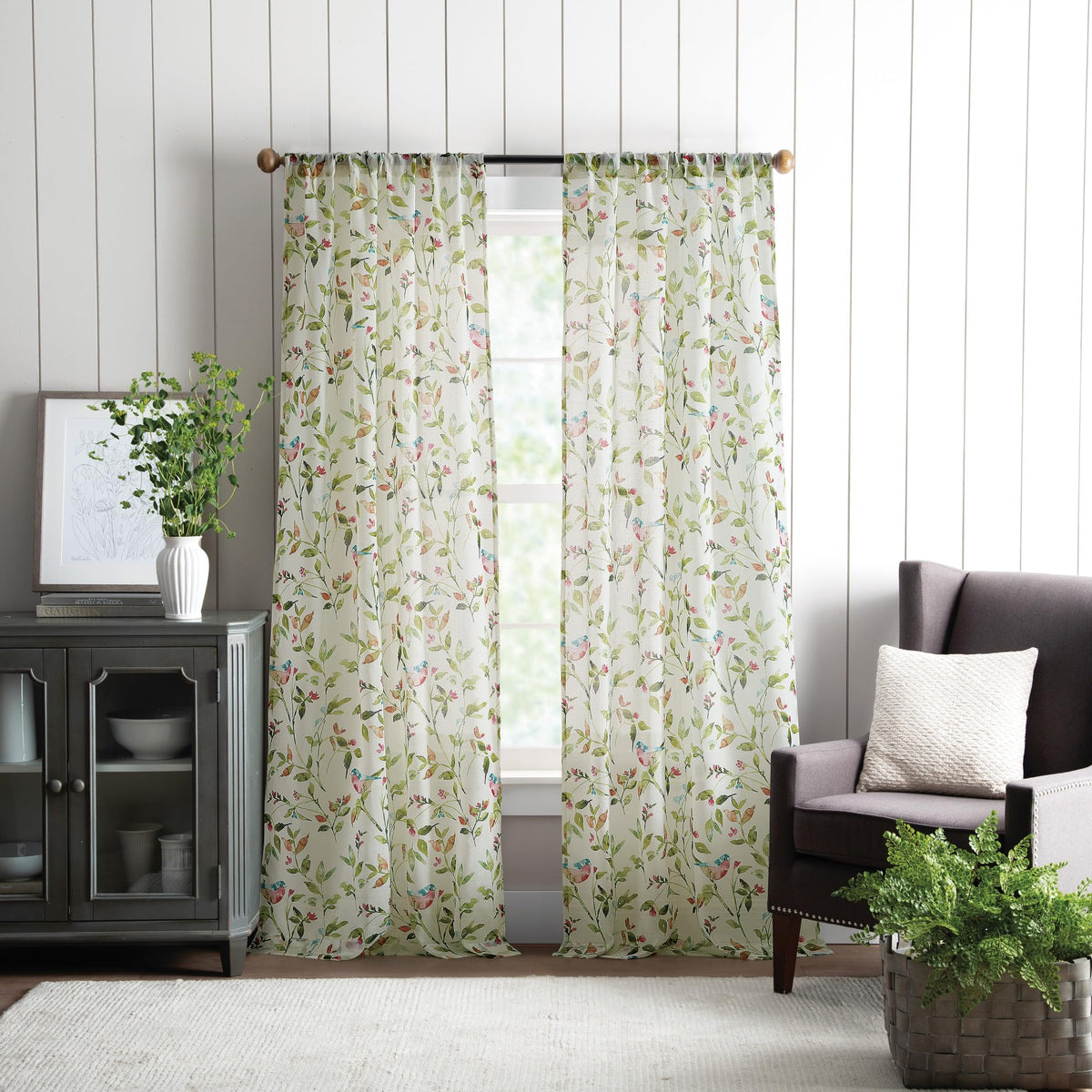 Martha Stewart Sheer Curtains Floral Botanical Kensington Flower Garden Rod Pocket Window Curtain Panel Pair, 95, Multi Pink