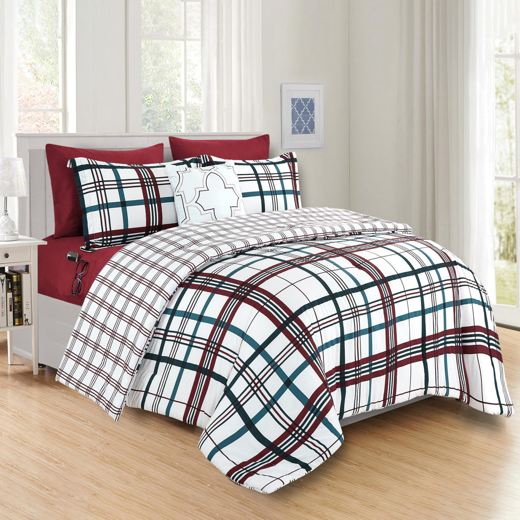 Elegant Comfort 8- Piece Lodge Plaid Reversible Comforter Set Bed-In-A-Bag Set - Silky Soft Complete Set Includes Bed Sheet Set With Double Sided Storage Pockets, Full/Queen, Burguundy