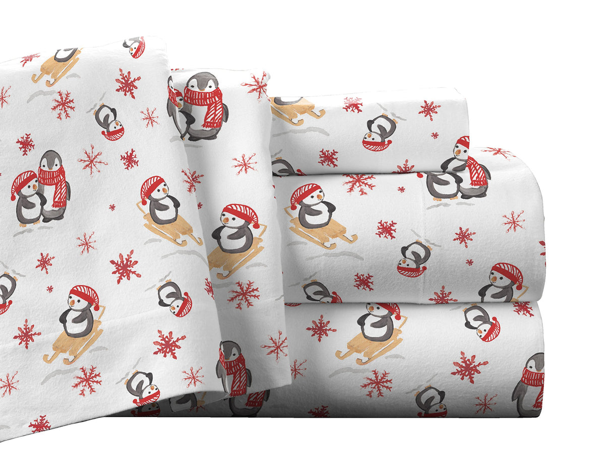 Pointehaven Flannel Deep Pocket Set With Oversized Flat Sheet, Queen, Penguin