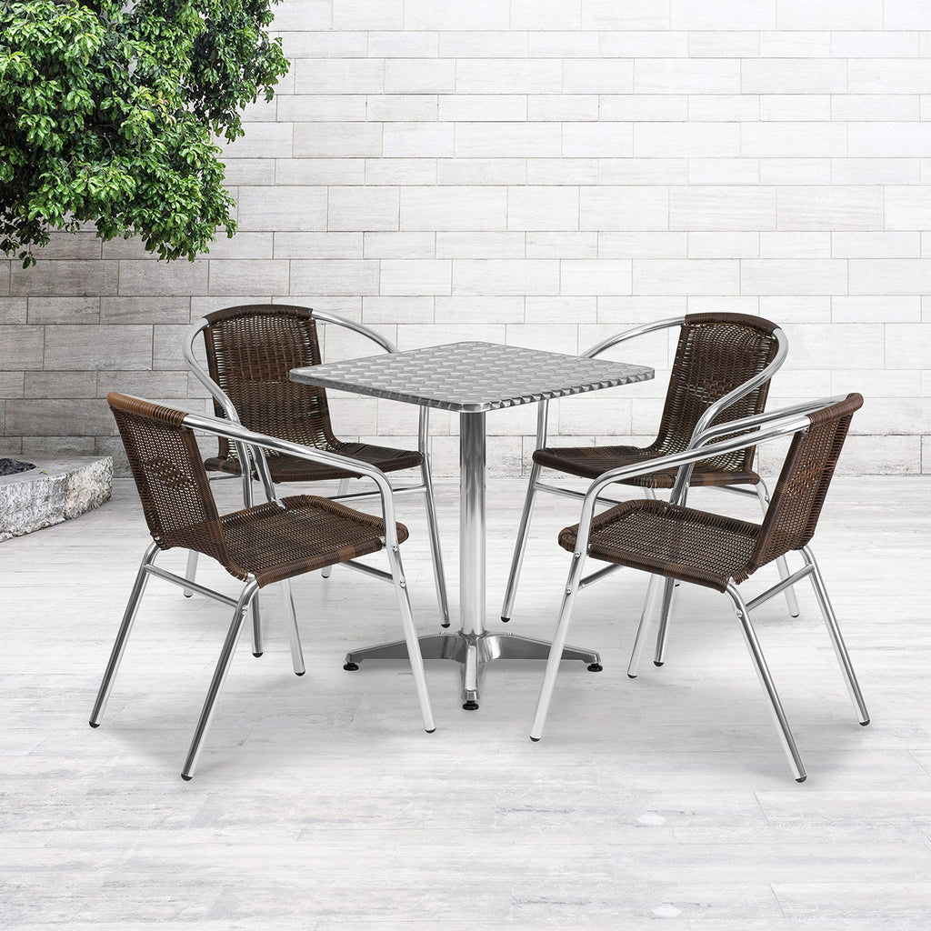 Flash Furniture 23.5'' Square Aluminum Indoor-Outdoor Table Set With 4 Dark Brown Rattan Chairs